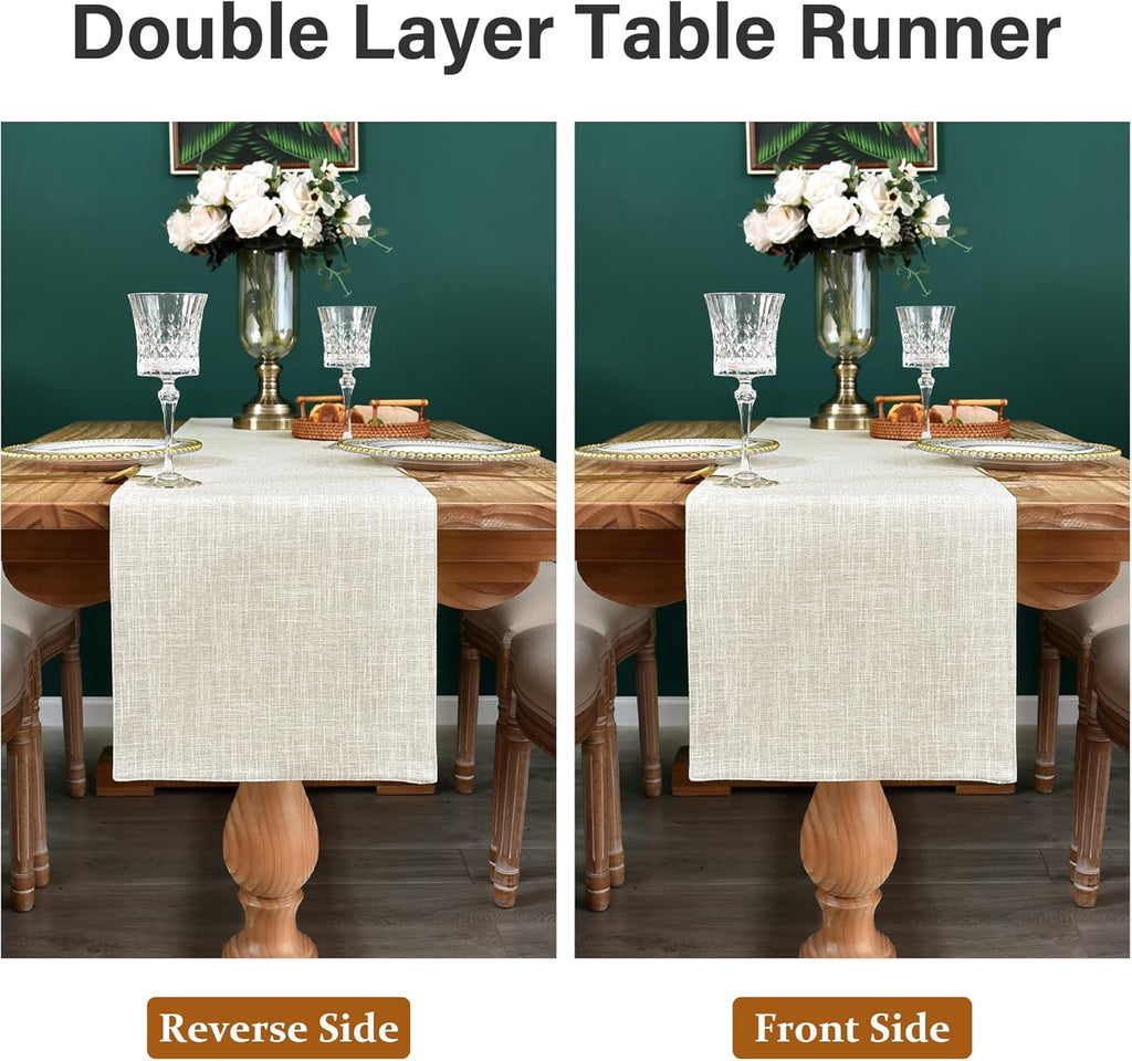Farmhouse Rustic Faux Linen Table Runner Neutral Beige Table Runners Double Layer Reversible Rectangle Runners for Daily Use Kitchen Dining Banquet Holiday 13x48 Inch