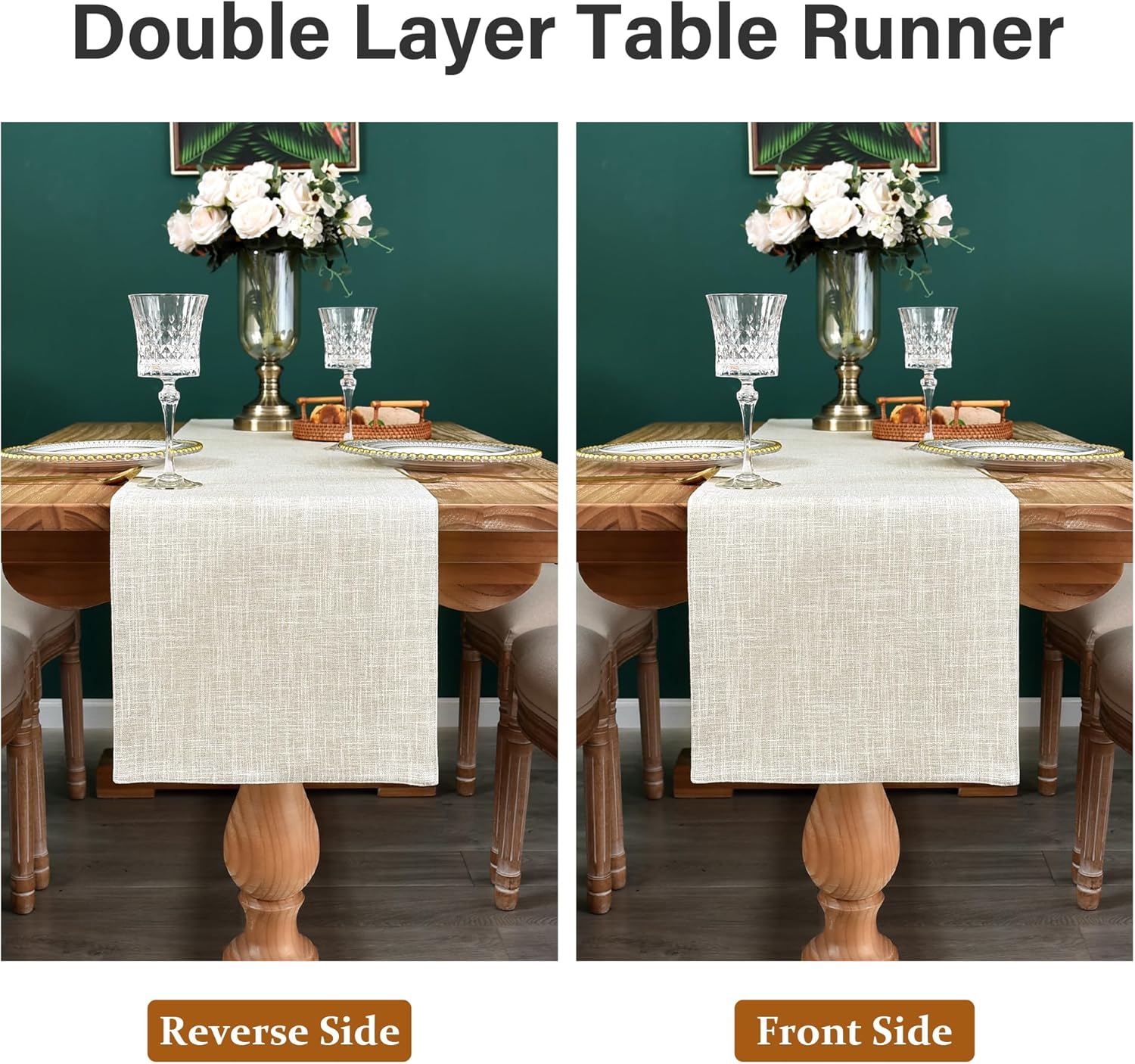 Farmhouse Rustic Faux Linen Table Runner Neutral Beige Table Runners Double Layer Reversible Rectangle Runners for Daily Use Kitchen Dining Banquet Holiday 13x48 Inch