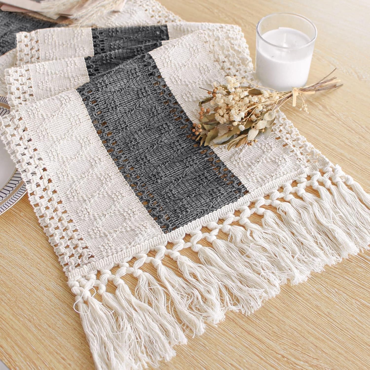 FEXIA Boho Table Runner with Tassels for Summer Home Decor Farmhouse Rustic Burlap Table Decoration for Living Room Dining Room Graduation Decor (12x72 Inches)