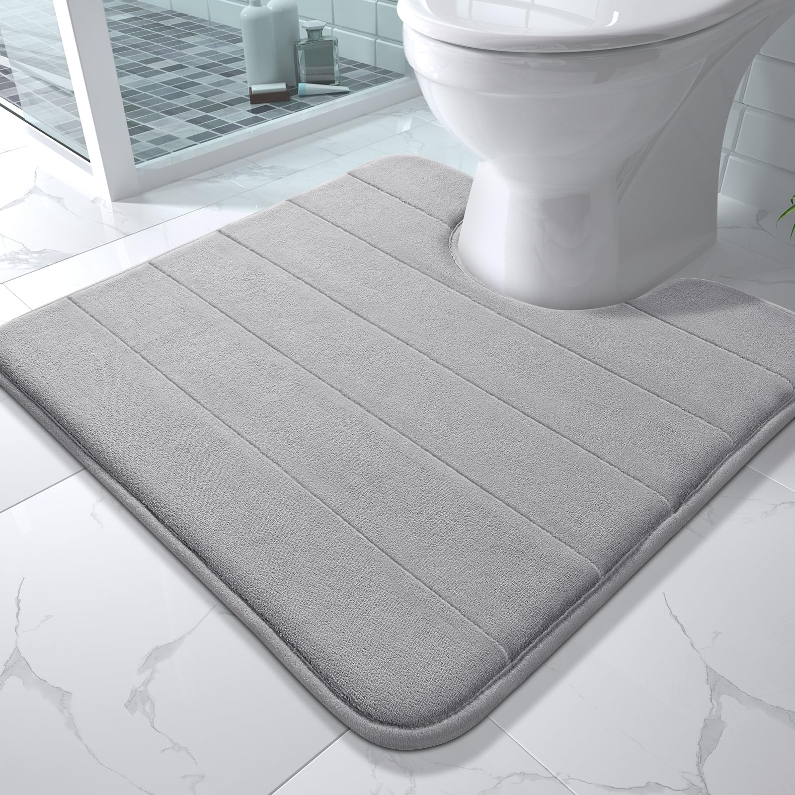 Yimobra Memory Foam Toilet Bath Mat U-Shaped, Commode Contour Rug, Soft and Comfortable, Super Water Absorption, Non-Slip, Thick, Machine Wash and Easier to Dry for Bathroom, 24 X 20 Inches, Grey
