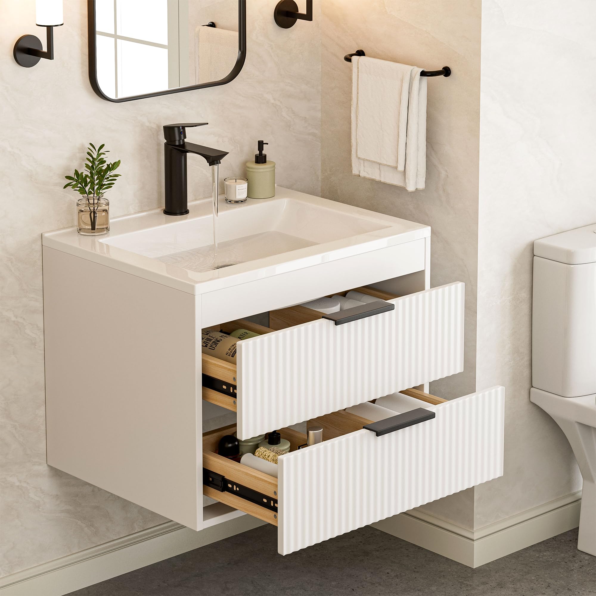 24 Inches Modern MDF Bathroom Vanity with Sink, Wall Mounted Floating Cabinets w/Double Drawers, Black Handles, White Resin Sink Combo Set (Black, 24")