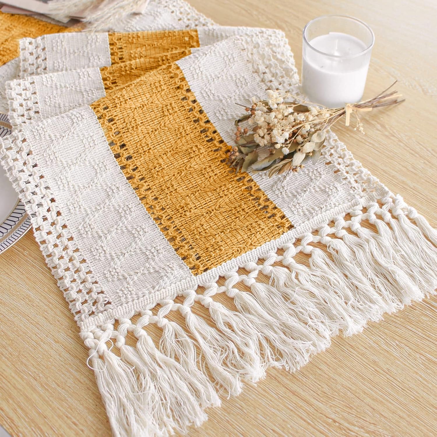 FEXIA Boho Table Runner with Tassels for Summer Home Decor Farmhouse Rustic Burlap Table Decoration for Living Room Dining Room Graduation Decor (12x72 Inches)