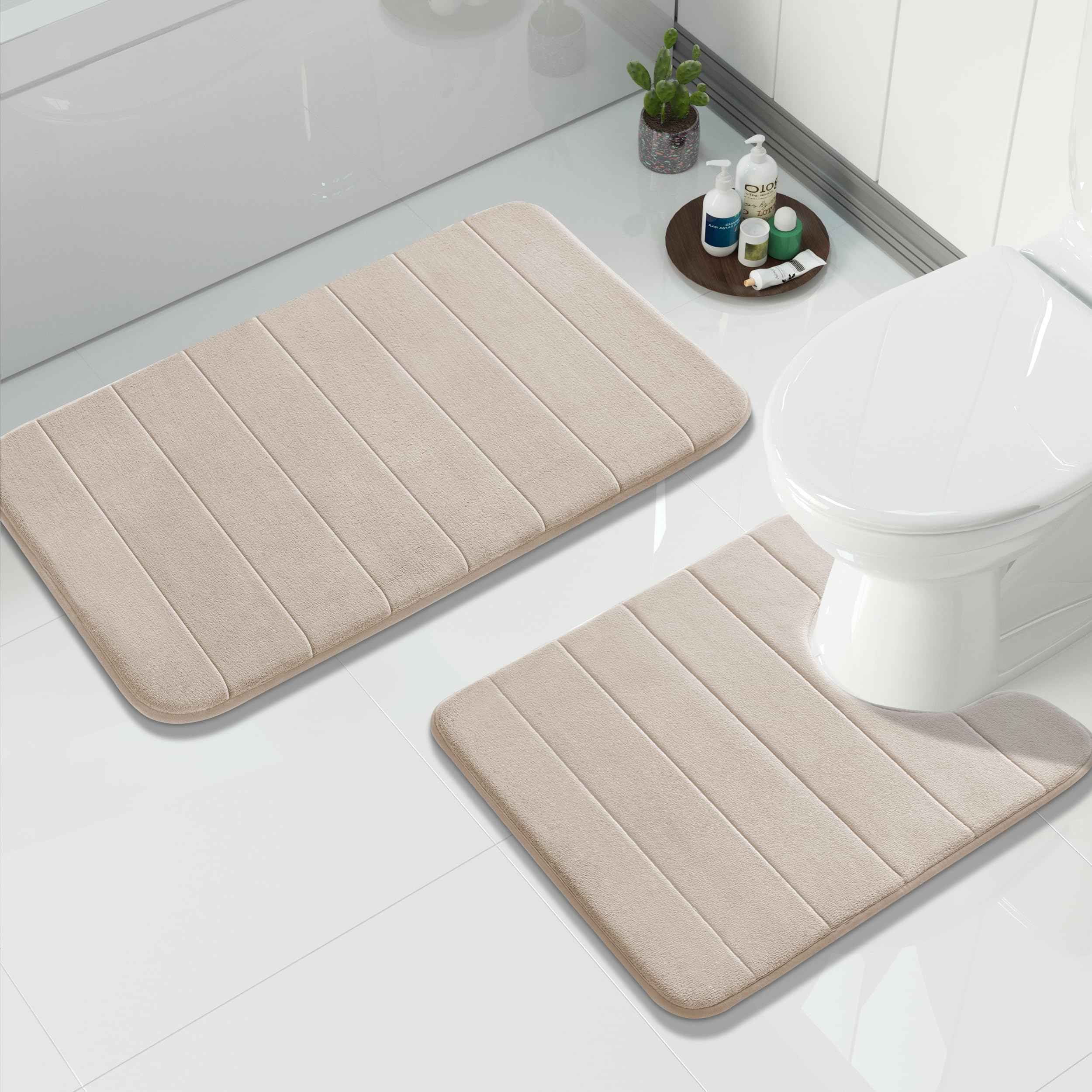 Yimobra U-Shaped Toilet Bath Mat Set 2 Piece - Super Soft Absorbent Quick Dry Memory Foam Bathroom Rugs, Machine Washable Non Slip Floor Carpet for Tub Shower & Single Sink (17x24 & 24x20, Gray)