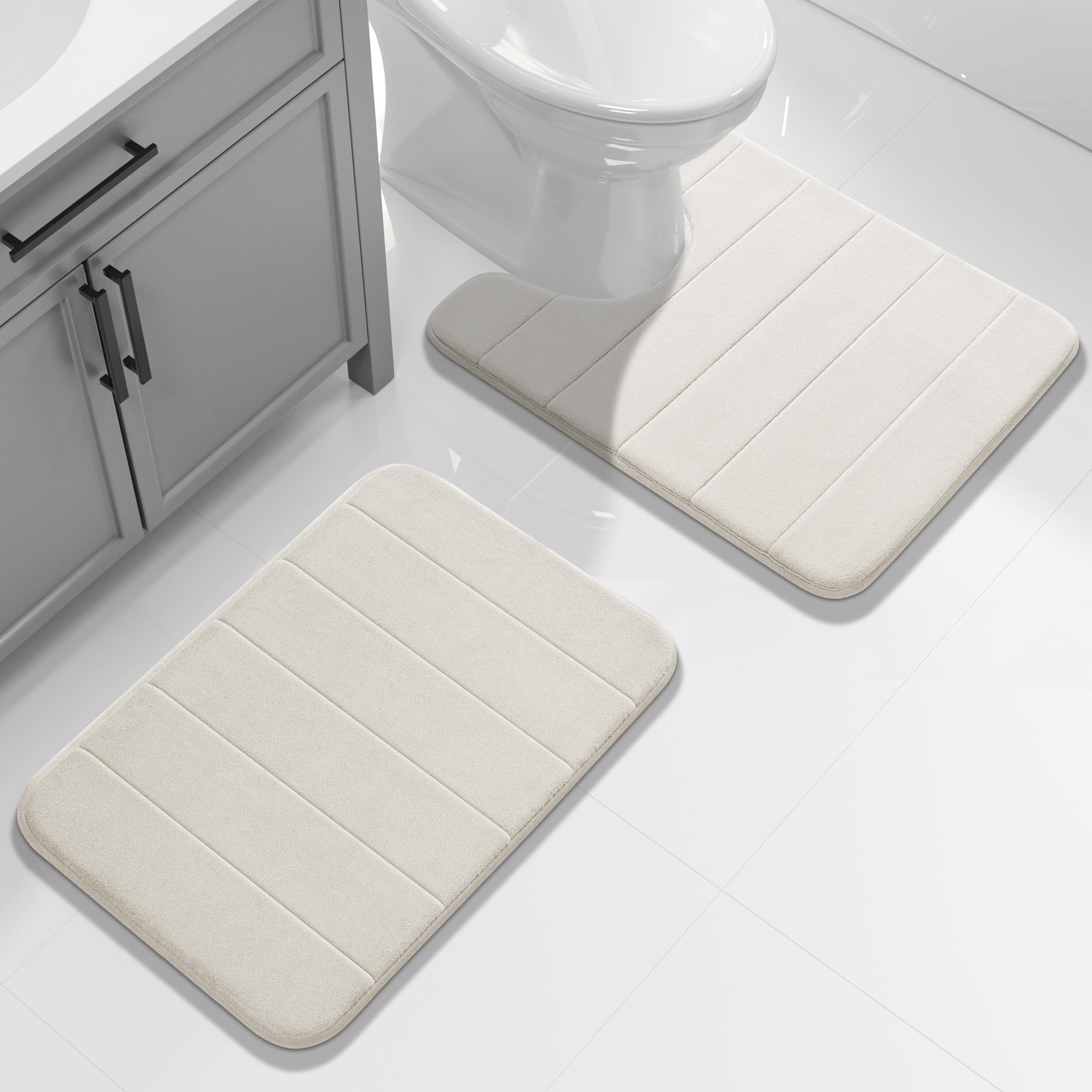 Yimobra U-Shaped Toilet Bath Mat Set 2 Piece - Super Soft Absorbent Quick Dry Memory Foam Bathroom Rugs, Machine Washable Non Slip Floor Carpet for Tub Shower & Single Sink (17x24 & 24x20, Gray)