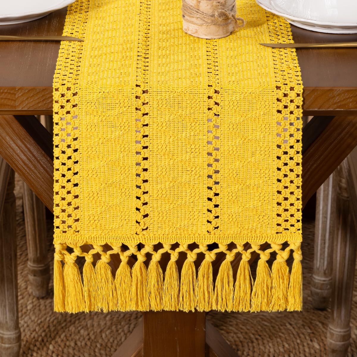 DeZerlor Boho Macrame Table Runner Farmhouse Woven Small Table Runner with Tassels 48 Inches Ivory& Burlap Brown Cotton Linen Kitchen Table Decor for Dining Dresser Home Tea Table Decor