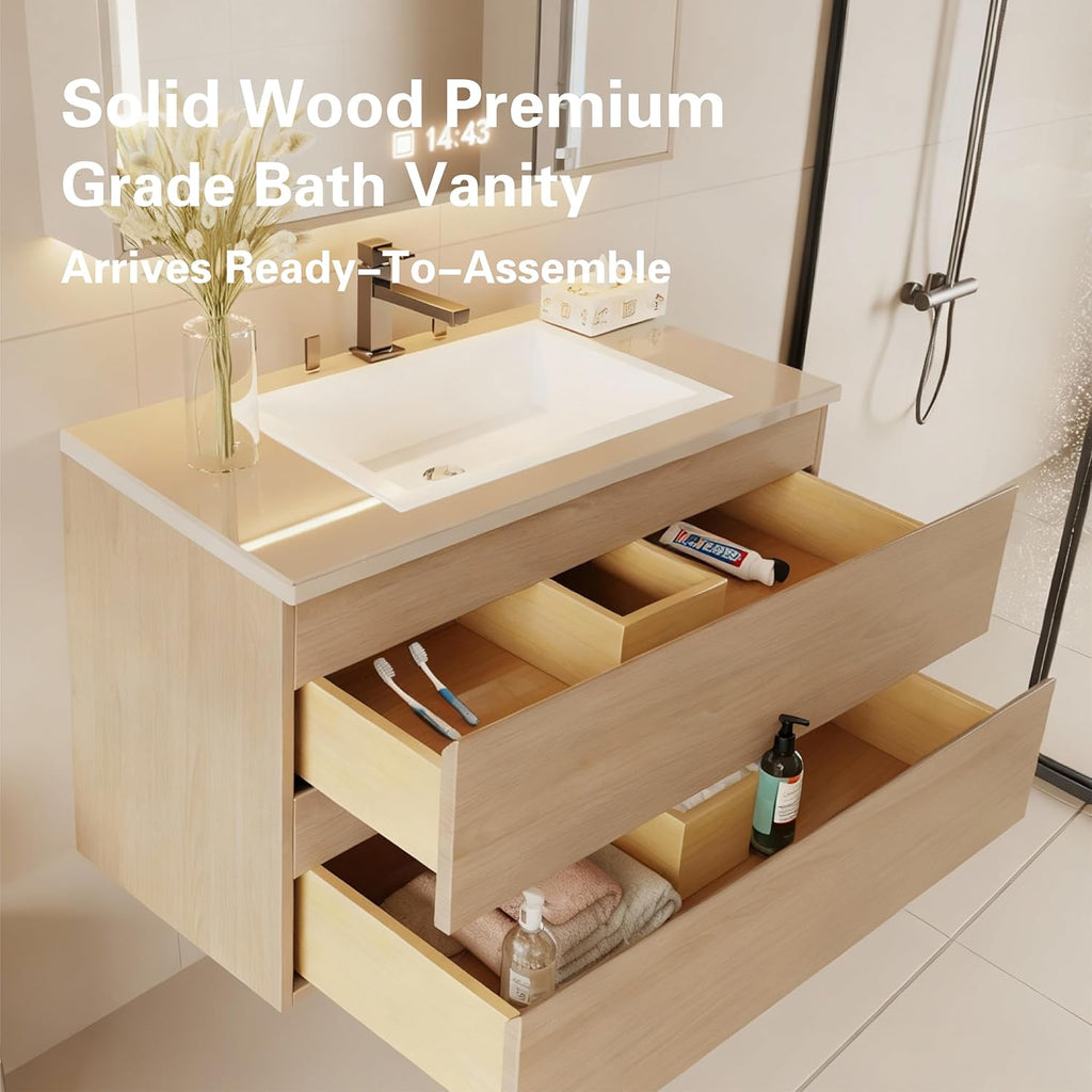 Wall-Mounted Bathroom Vanity 36" – Modern Floating Vanity with Soft-Close Drawers, Plywood Construction, Laminate Finish, Space-Saving Design (Cosmo Sand)
