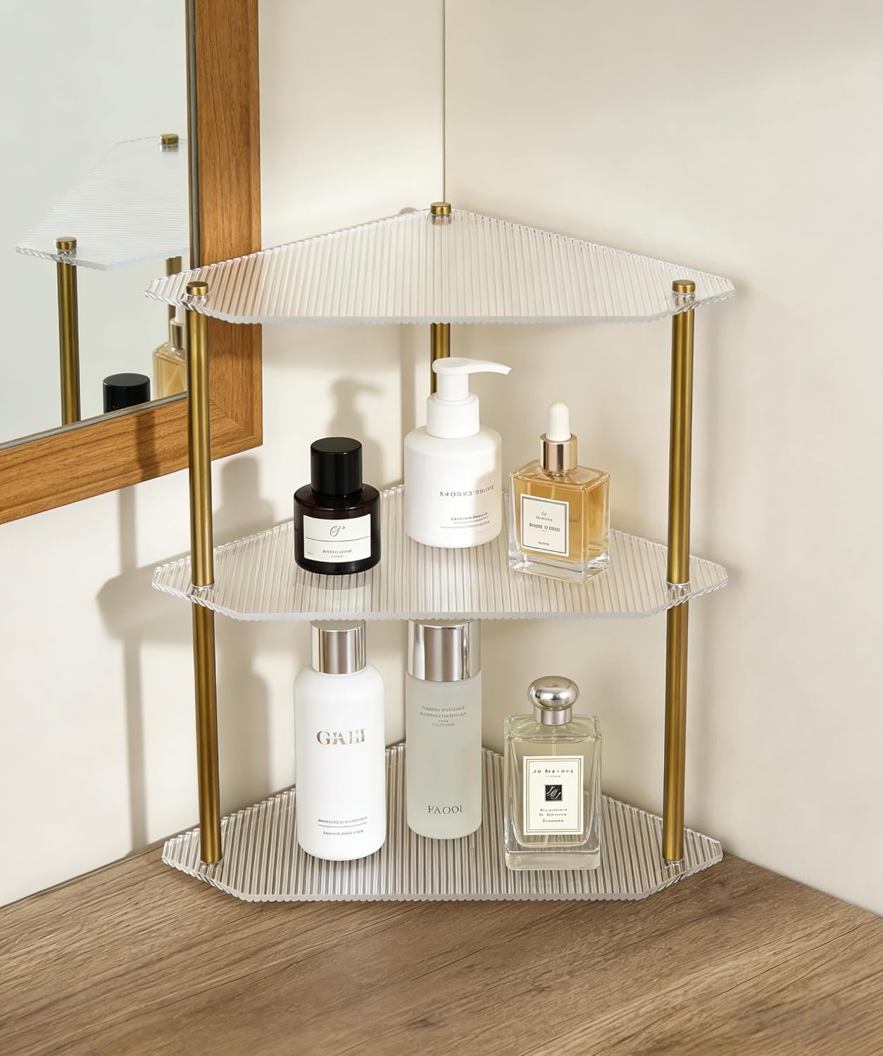 3 Tier Bathroom Counter Organizer，Ribbed Acrylic Shelves with Gold Poles，Space-Saving Vanity Countertop Corner Storage for Skincare, Perfume, Makeup & Toiletries
