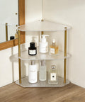 3 Tier Bathroom Counter Organizer，Ribbed Acrylic Shelves with Gold Poles，Space-Saving Vanity Countertop Corner Storage for Skincare, Perfume, Makeup & Toiletries