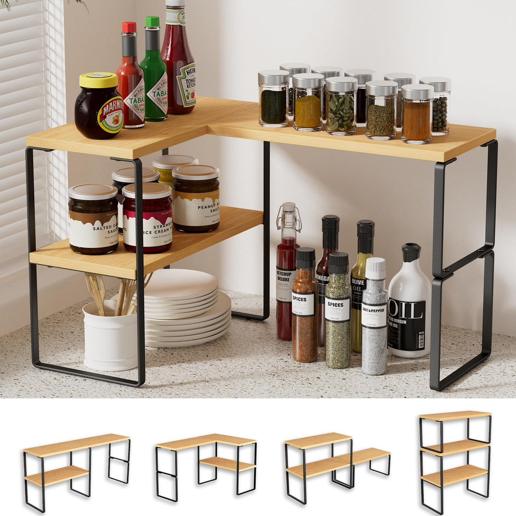 Golener Countertop Organizer Corner Shelf, 2-Tier Adjustable Stackable Corner Shelves for Kitchen, Spice Rack, Coffee Area, Over Sink, Bathroom, Dresser Table, Corner Counter Shelf Stand, Rustic Brown