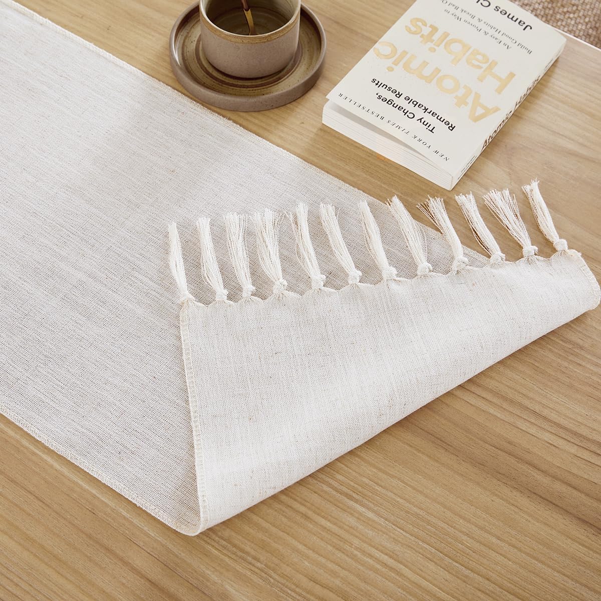 Linen Style Rustic Table Runner, Farmhouse Cotton Linen Table Runner, Boho Table Runners 72 Inches Long with Hand Tassels for Home Tabletop Decor and Everyday Use - Off White, 72 Inch