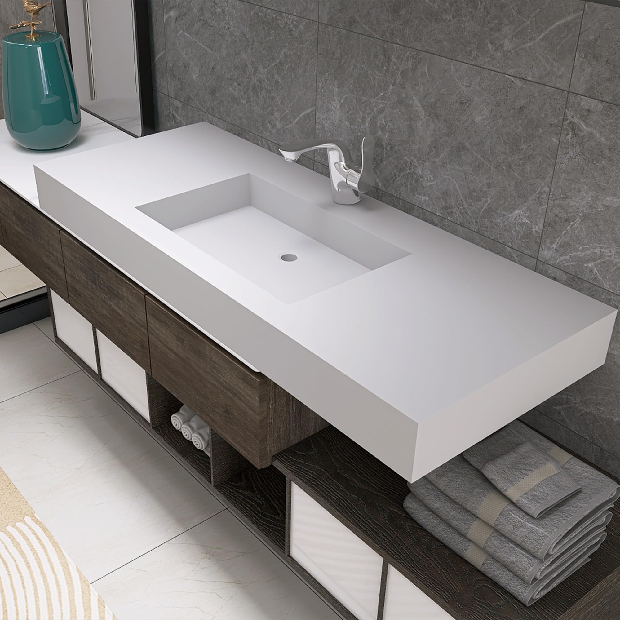 35'' Wall Mount Sink Matte Bathroom Vanity Vessel Sinks Artificial Stone Rectanglee Indoor Outdoors Modern Floating or Countertop Freestanding Wall Hang Sink Bowl (single Holes 35'')