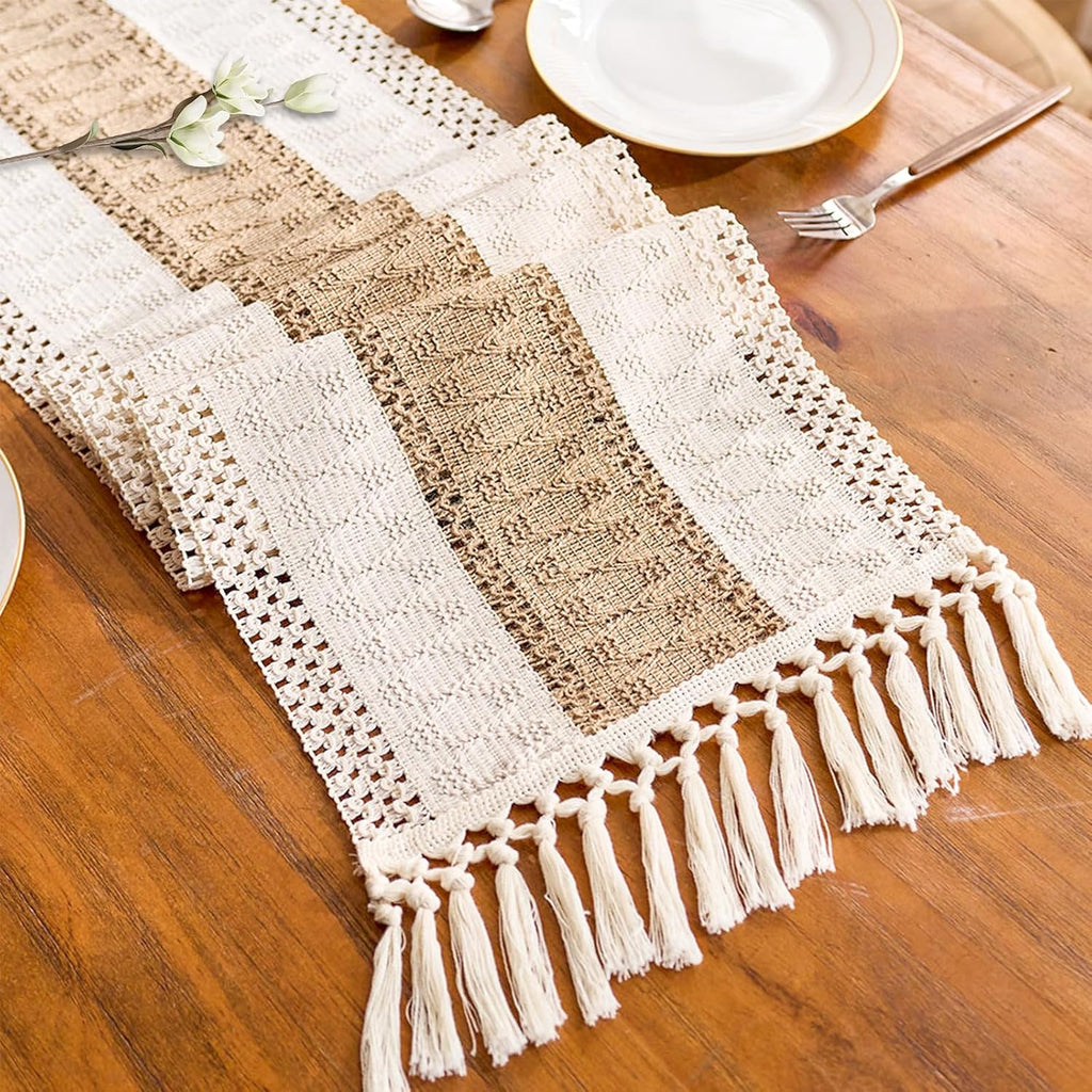 Boho Table Runner for Home Decor with Tassels 120 Inches Long Farmhouse Rustic Cream & Brown Table Runner Macrame Burlap Table Decoration for Living Room Bridal Shower(12x120 in, Fringe Included)