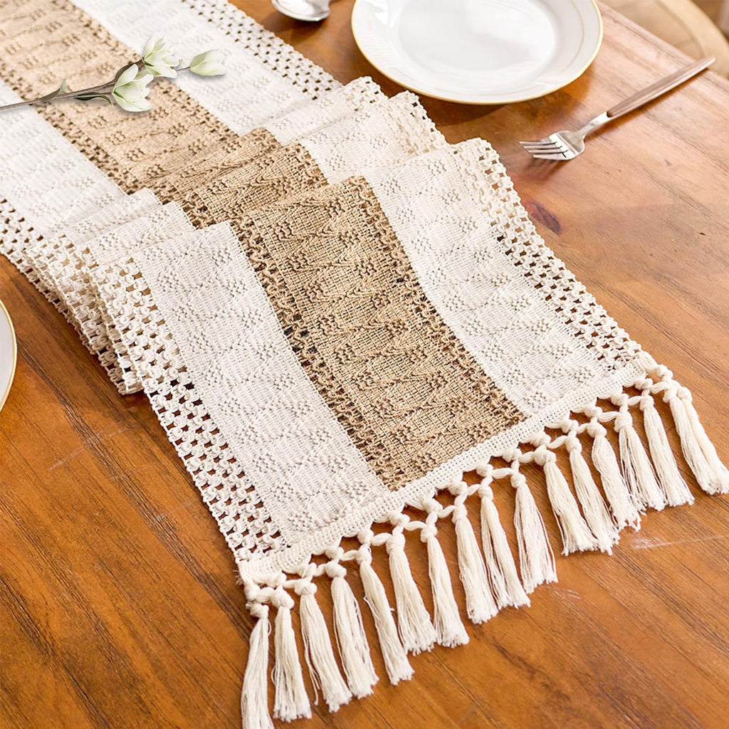 Boho Table Runner for Home Decor with Tassels 120 Inches Long Farmhouse Rustic Cream & Brown Table Runner Macrame Burlap Table Decoration for Living Room Bridal Shower(12x120 in, Fringe Included)