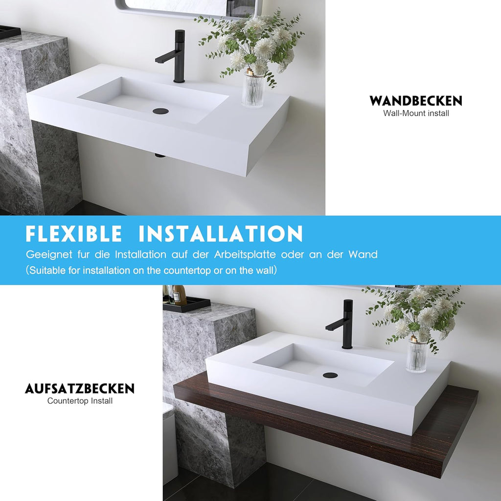 35'' Wall Mount Sink Matte Bathroom Vanity Vessel Sinks Artificial Stone Rectanglee Indoor Outdoors Modern Floating or Countertop Freestanding Wall Hang Sink Bowl (single Holes 35'')
