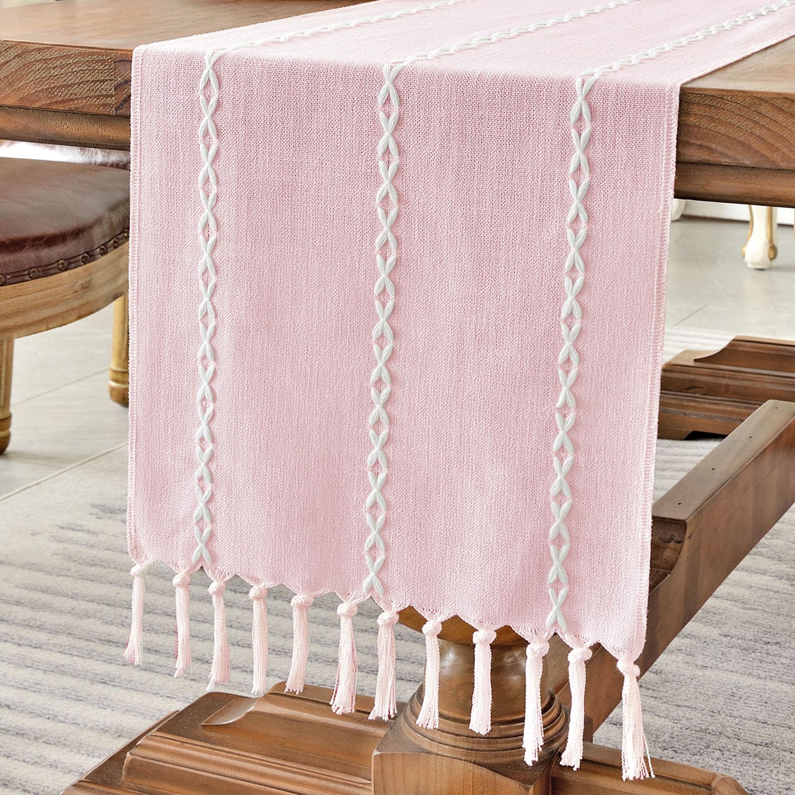 Wracra Rustic Linen Table Runner Farmhouse Style Table Runners 72 inches Long Embroidered Fall Table Runner with Hand-Tassels for Party, Dresser and Dining Room Decorations(Light Coffee, 13"×72")