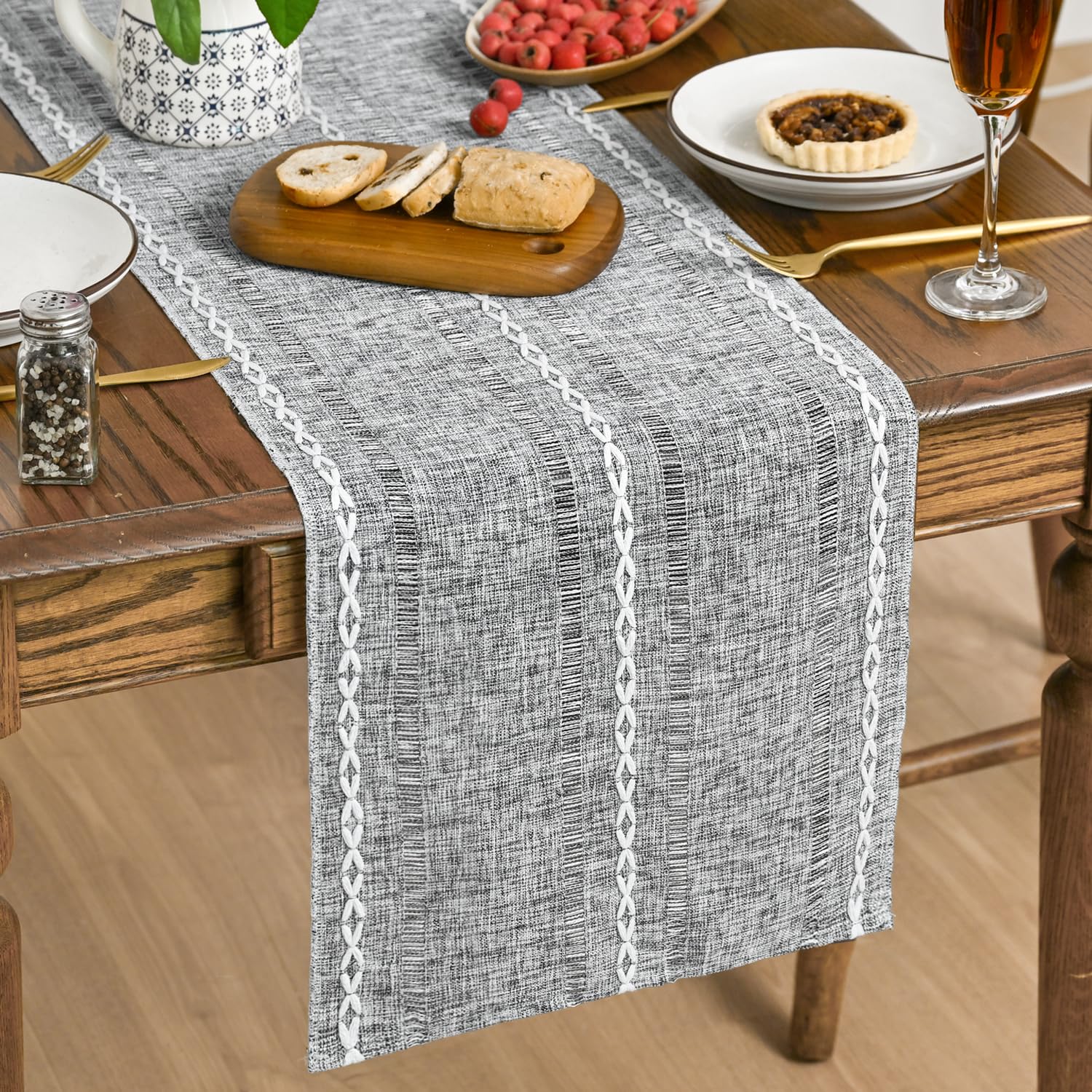 Artoid Mode Beige Rustic Cotton Linen Table Runner, Seasonal Embroidered Hollow Kitchen Dining Table Decoration for Home Party Decor 13x60 Inch