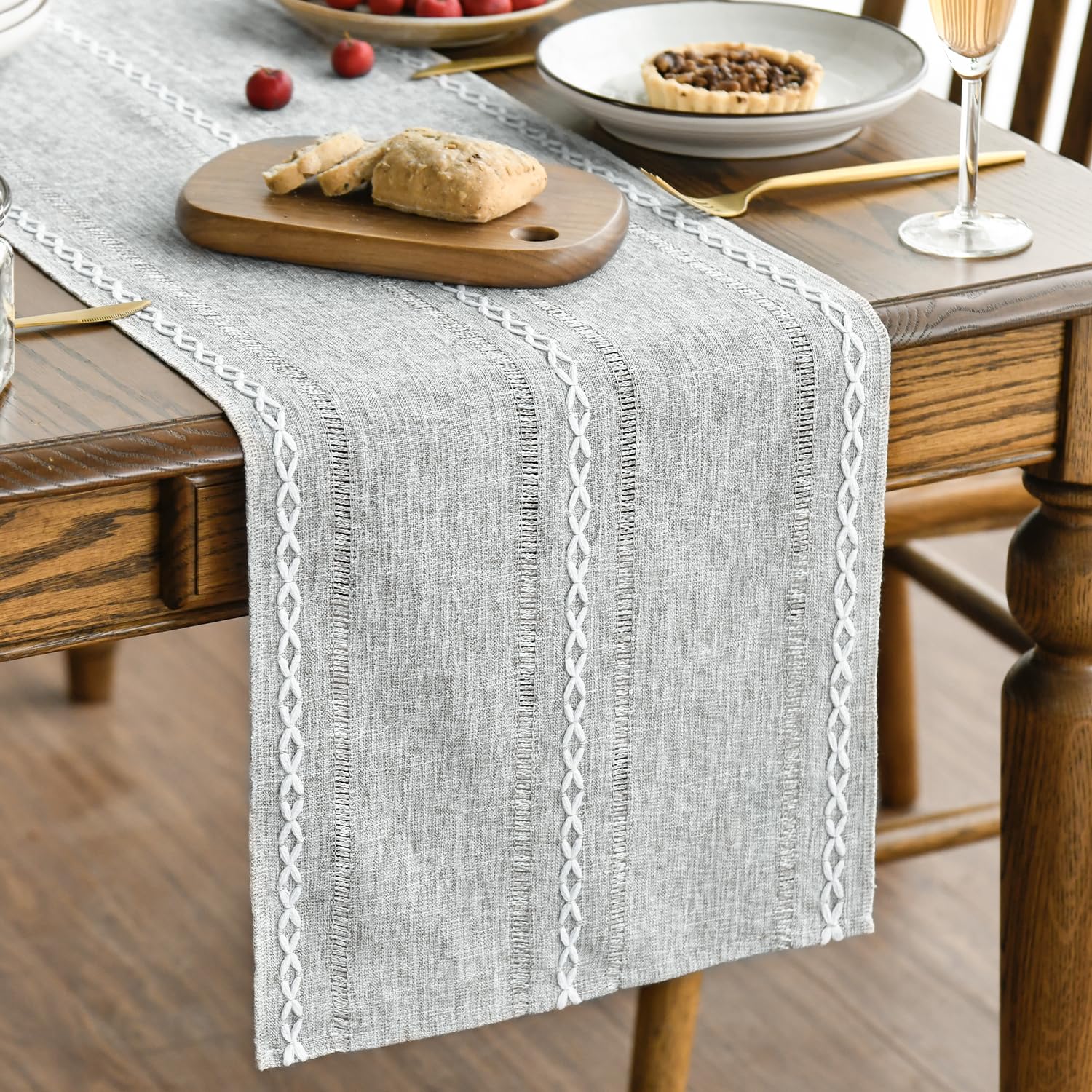 Artoid Mode Beige Rustic Cotton Linen Table Runner, Seasonal Embroidered Hollow Kitchen Dining Table Decoration for Home Party Decor 13x60 Inch
