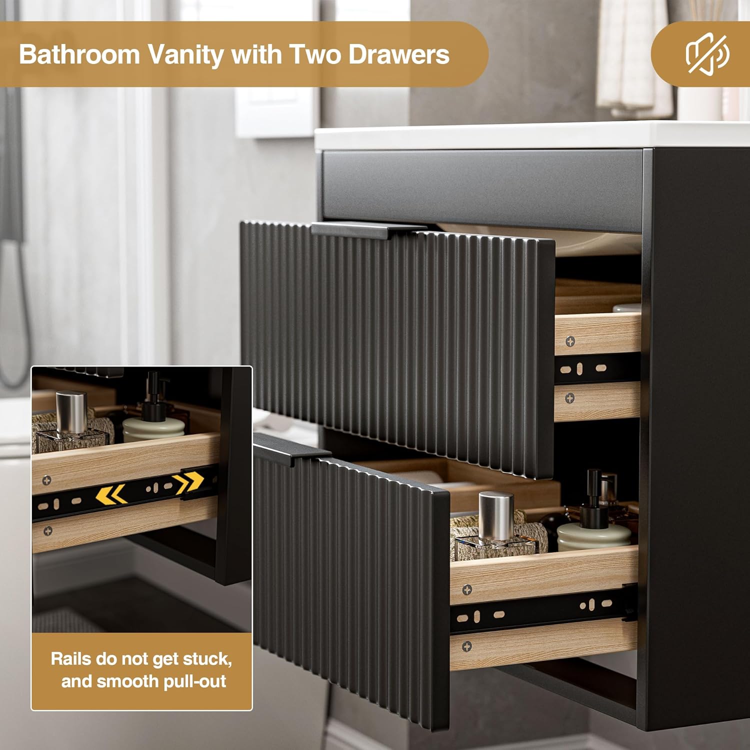 24 Inches Modern MDF Bathroom Vanity with Sink, Wall Mounted Floating Cabinets w/Double Drawers, Black Handles, White Resin Sink Combo Set (Black, 24")