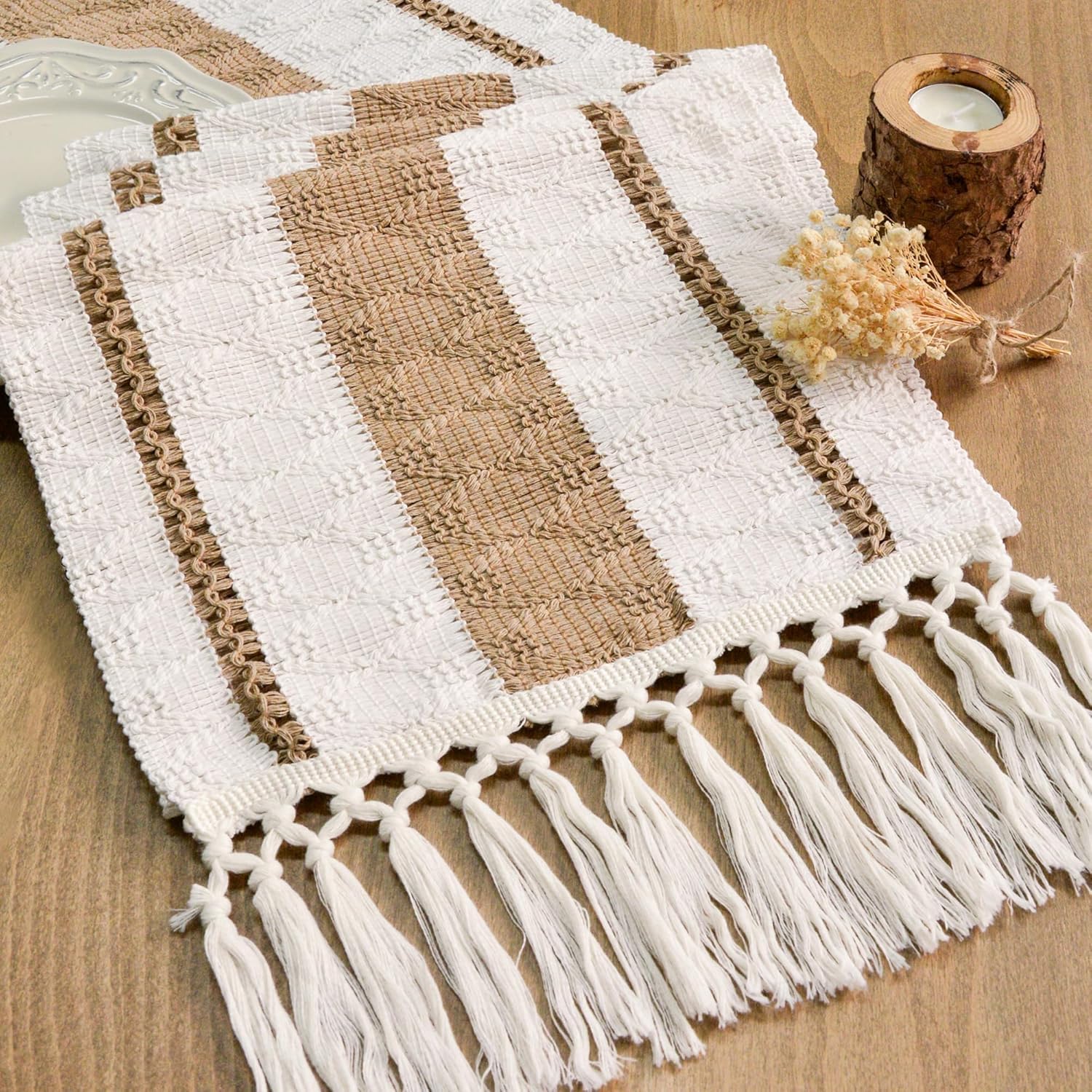 FEXIA Boho Table Runner with Tassels for Summer Home Decor Farmhouse Rustic Burlap Table Decoration for Living Room Dining Room Graduation Decor (12x72 Inches)