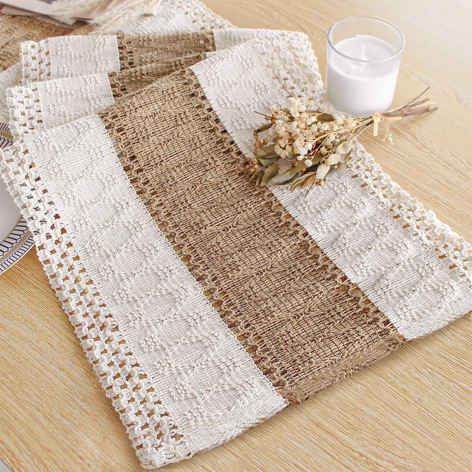 FEXIA Boho Table Runner with Tassels for Summer Home Decor Farmhouse Rustic Burlap Table Decoration for Living Room Dining Room Graduation Decor (12x72 Inches)