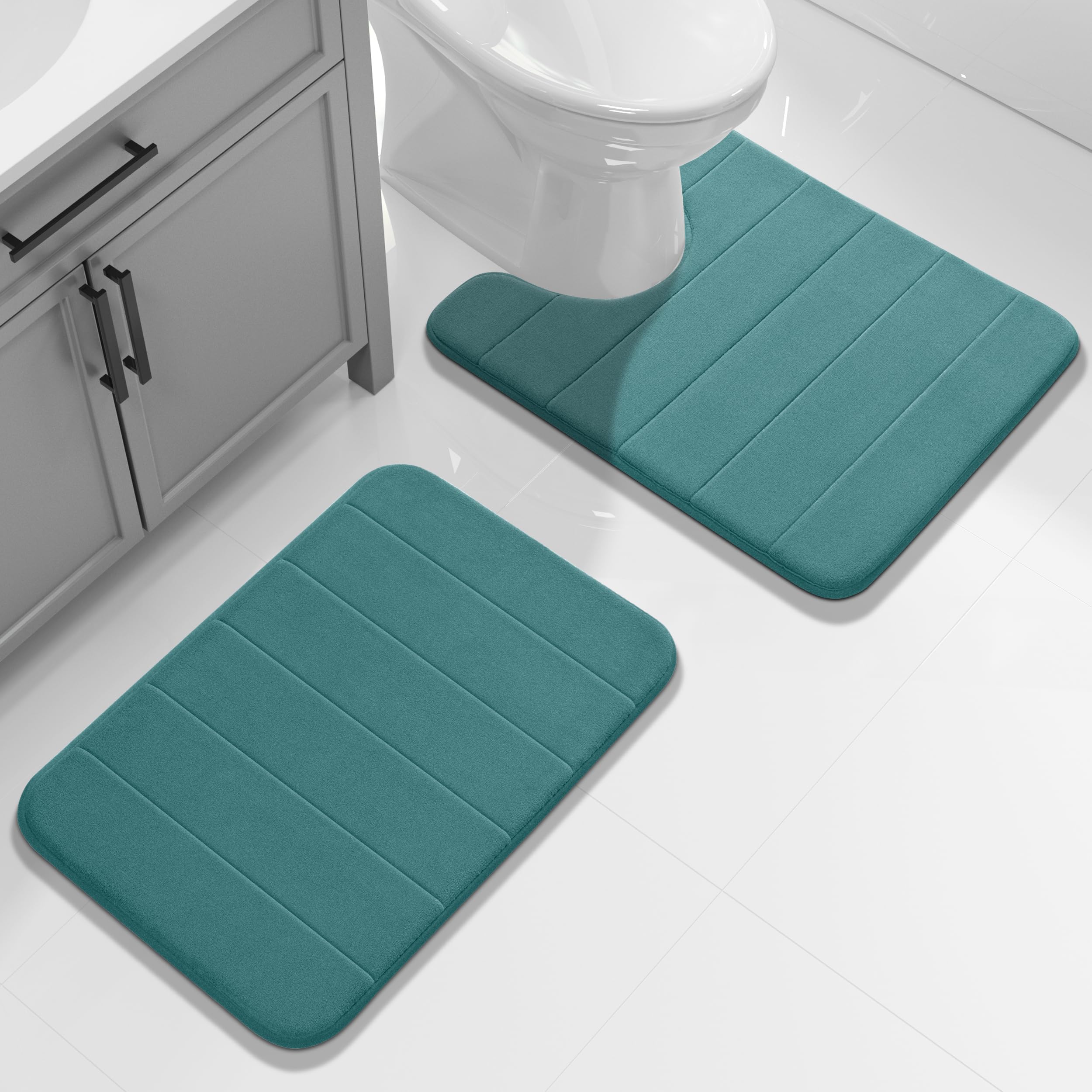 Yimobra U-Shaped Toilet Bath Mat Set 2 Piece - Super Soft Absorbent Quick Dry Memory Foam Bathroom Rugs, Machine Washable Non Slip Floor Carpet for Tub Shower & Single Sink (17x24 & 24x20, Gray)