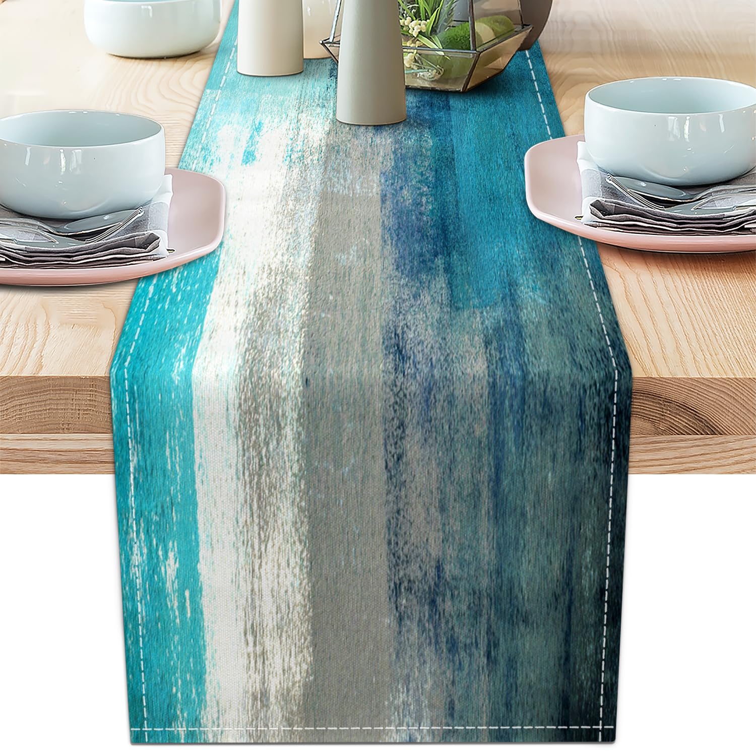 Blue Grey Table Runners Modern Art Farmhouse Linen Table Runners Dresser Scarves Retro Rustic Style for Party Kitchen Dining Table Coffee Holiday Party Decor (Blue Grey, 13"x 71")