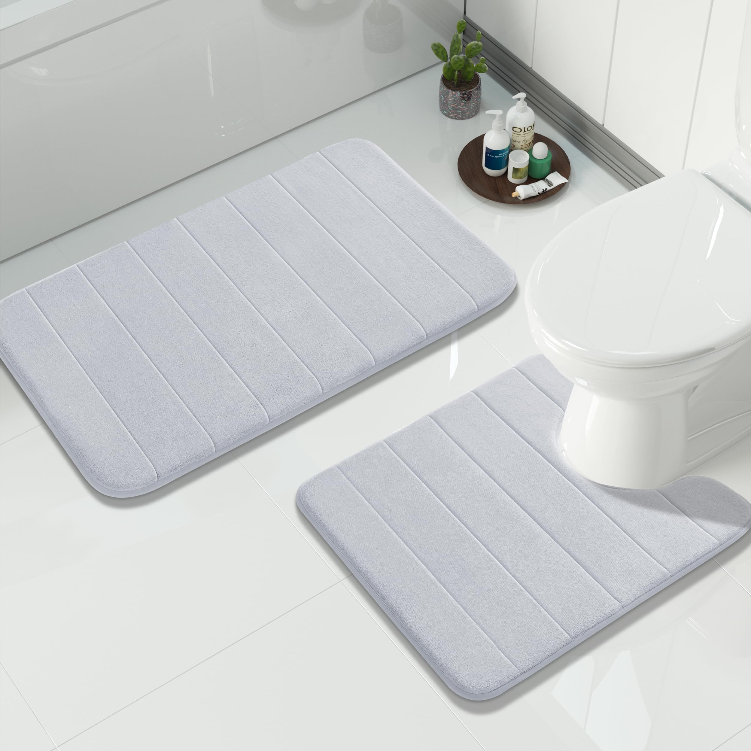 Yimobra U-Shaped Toilet Bath Mat Set 2 Piece - Super Soft Absorbent Quick Dry Memory Foam Bathroom Rugs, Machine Washable Non Slip Floor Carpet for Tub Shower & Single Sink (17x24 & 24x20, Gray)