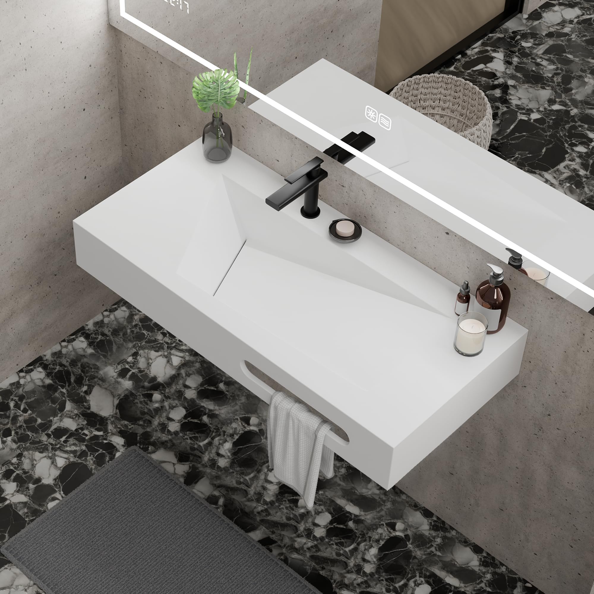 QJ&XY Resin Bathroom Sink 48" Wall Mounted V-Shaped White Basin with Towel Rack, Floating Vanity Sink in Soft-Touch Finish (Double Tier)