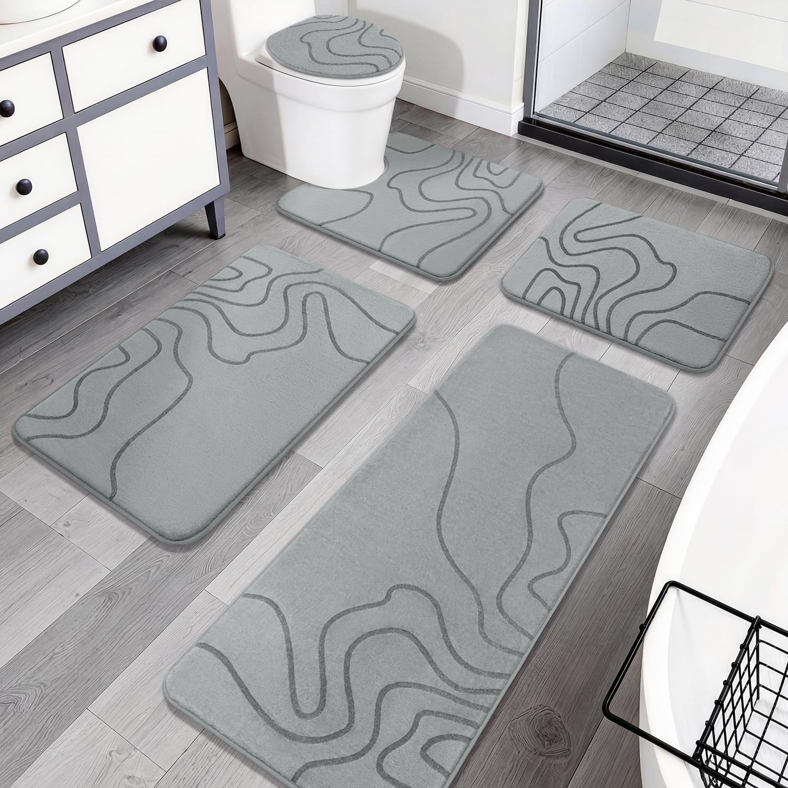 YIHOUSE Memory Foam Bathroom Rugs Sets 2 Piece - Extra Thick Ultra Soft Absorbent Bath Mat Set, Non-Slip Machine Washable Bath Rugs for Bathroom, Tub & Shower, Home Decor (32"x20"+24"x17", Dark Grey)