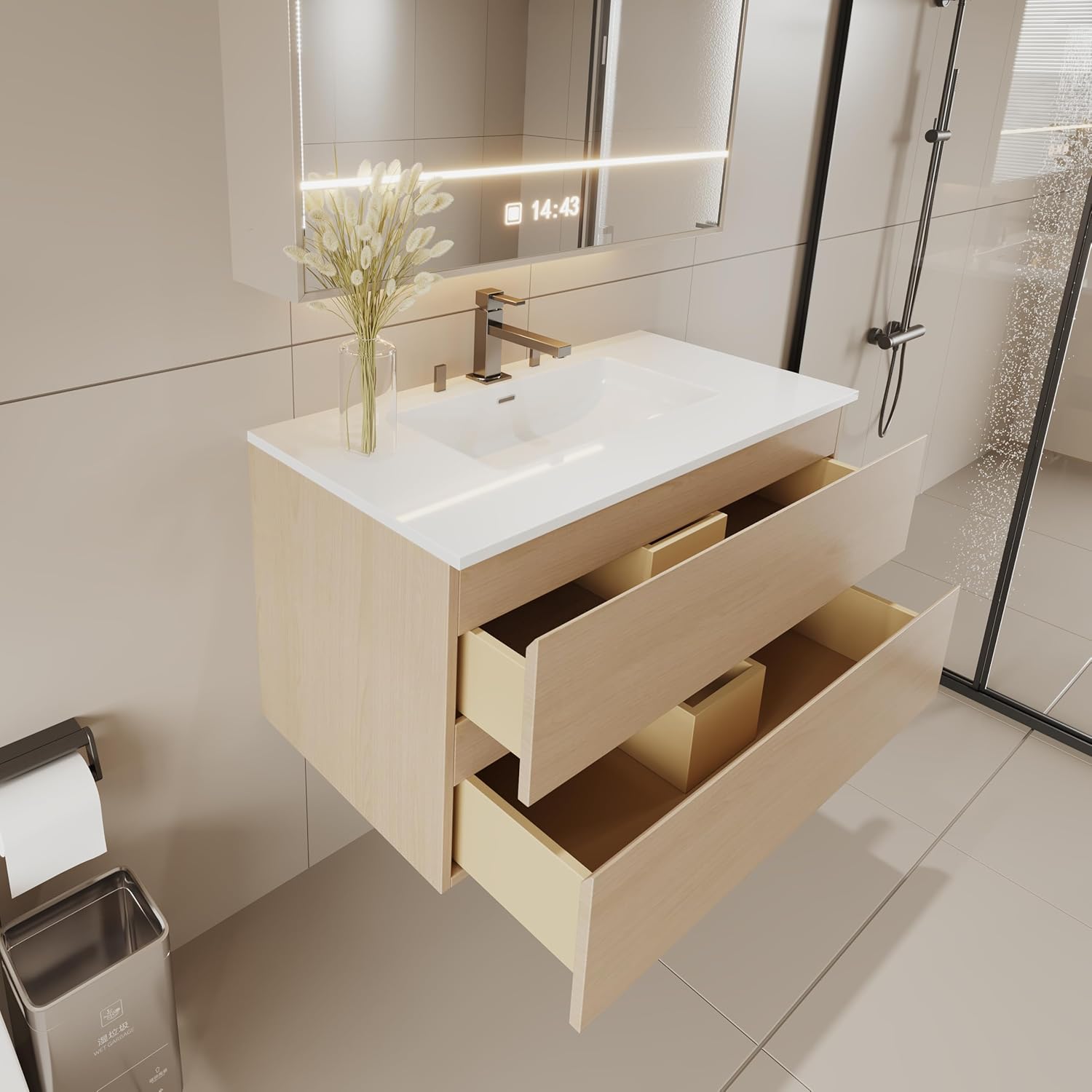 Wall-Mounted Bathroom Vanity 36" – Modern Floating Vanity with Soft-Close Drawers, Plywood Construction, Laminate Finish, Space-Saving Design (Cosmo Sand)