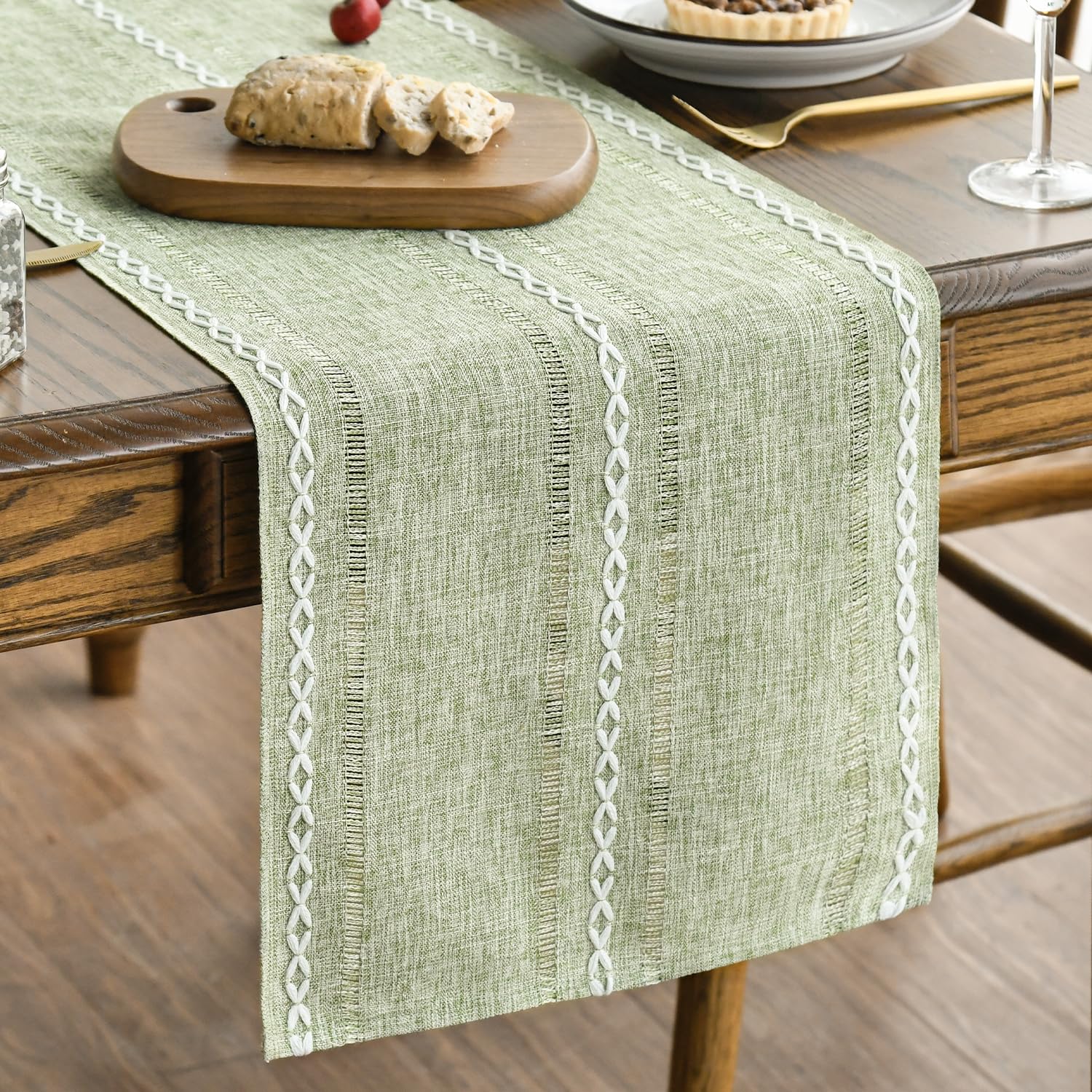 Artoid Mode Beige Rustic Cotton Linen Table Runner, Seasonal Embroidered Hollow Kitchen Dining Table Decoration for Home Party Decor 13x60 Inch