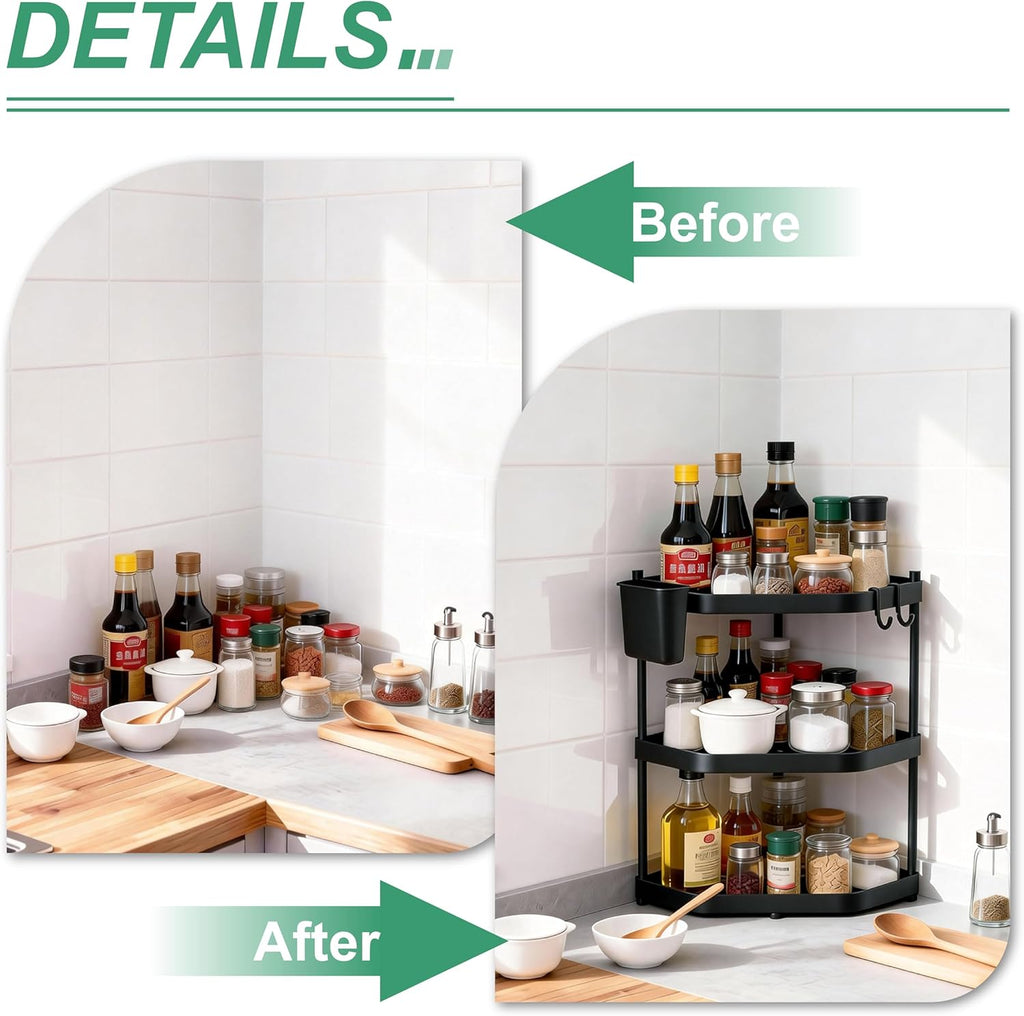 3-Tier Kitchen Counter Organizer & Corner Shelf with Hooks, Storage Box – Bathroom Countertop Shelf, Multi-Space 3-Tier Organizer for Kitchen, Bathroom