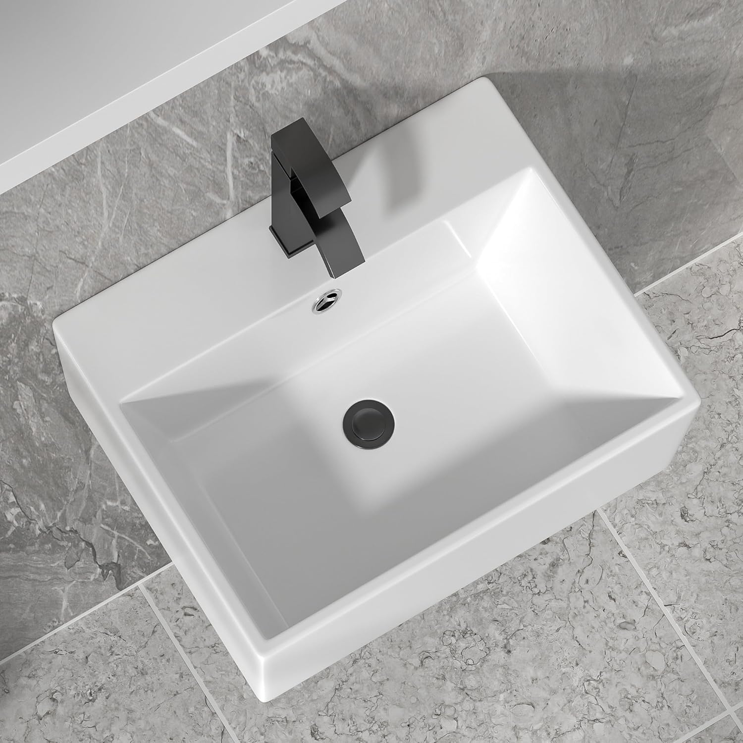 Floating Vessel Sink For Bathroom - Fulorni 20"x17" Bathroom Vessel Sink Rectangular Wall Mounted White Ceramic Porcelain Vanity Sink Bowl Basin