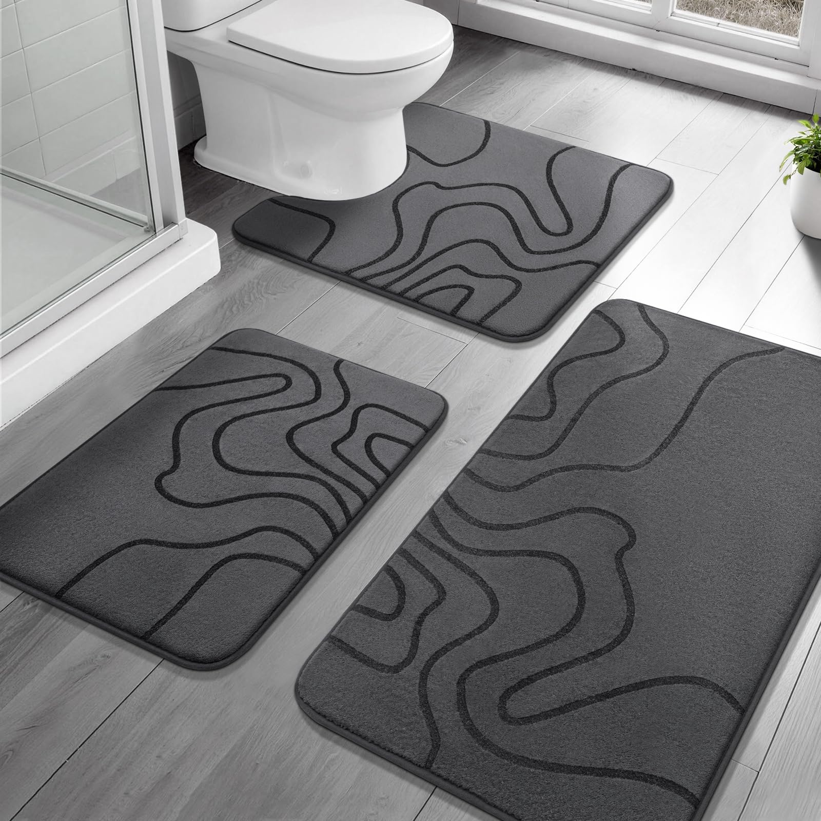 YIHOUSE Memory Foam Bathroom Rugs Sets 2 Piece - Extra Thick Ultra Soft Absorbent Bath Mat Set, Non-Slip Machine Washable Bath Rugs for Bathroom, Tub & Shower, Home Decor (32"x20"+24"x17", Dark Grey)
