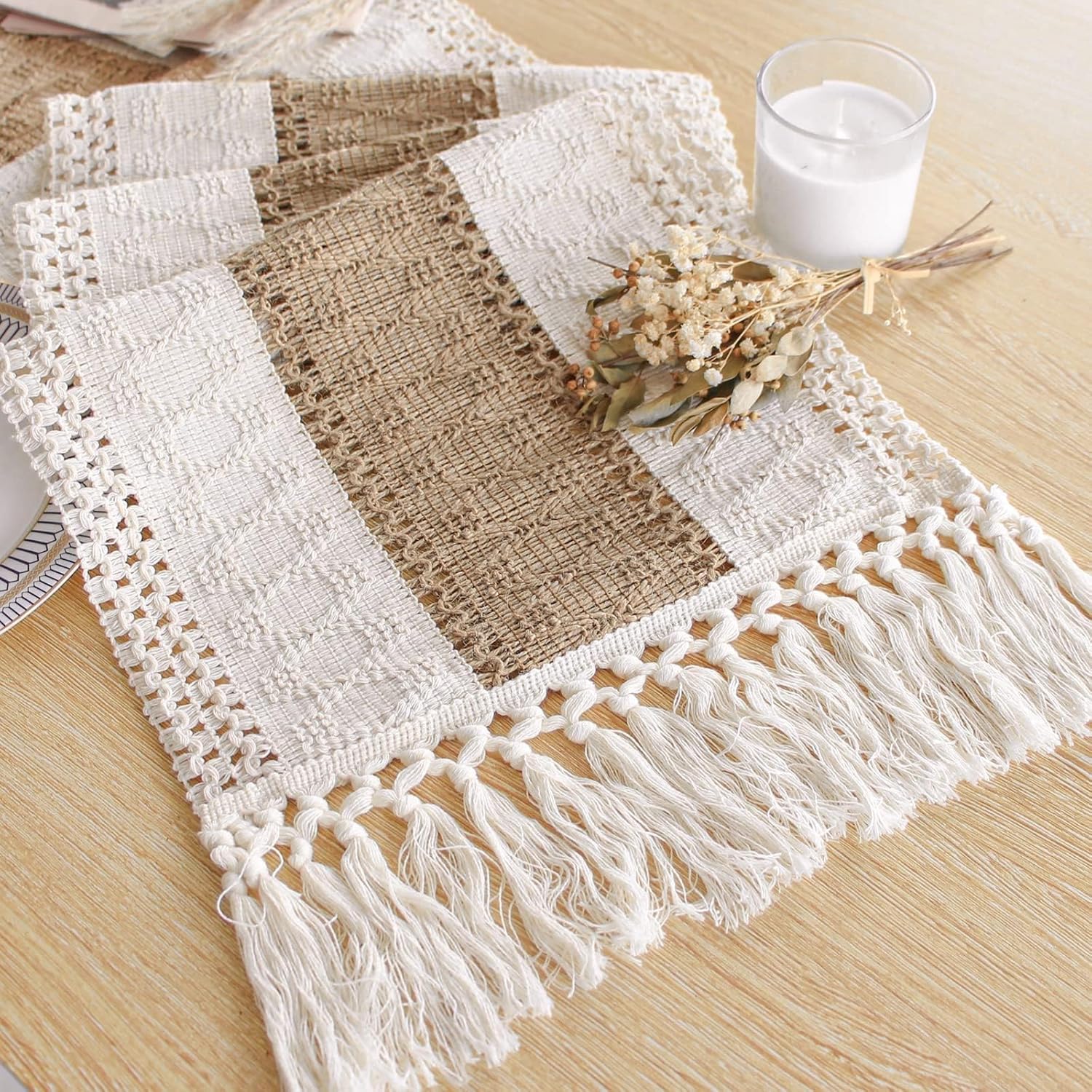 FEXIA Boho Table Runner with Tassels for Summer Home Decor Farmhouse Rustic Burlap Table Decoration for Living Room Dining Room Graduation Decor (12x72 Inches)