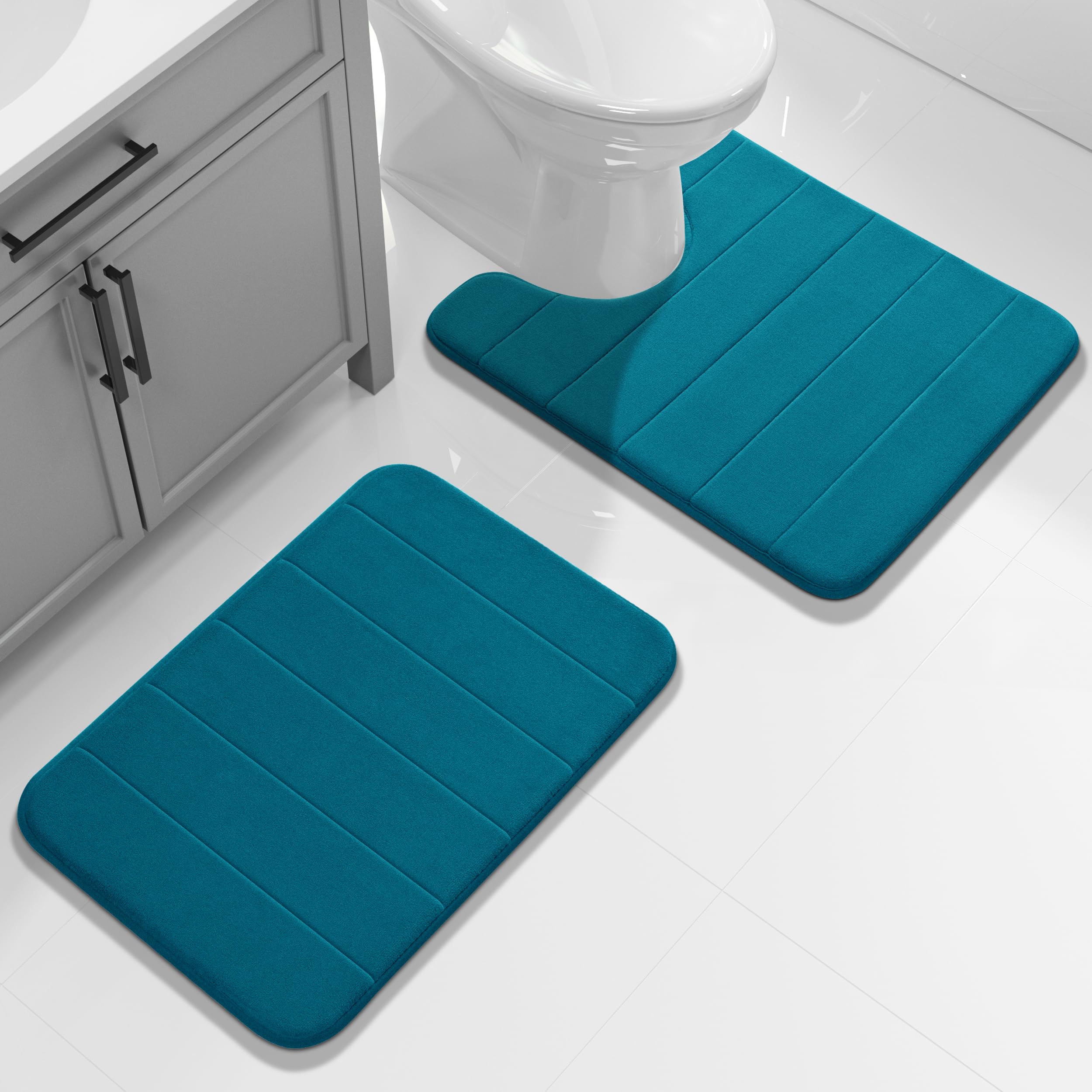 Yimobra U-Shaped Toilet Bath Mat Set 2 Piece - Super Soft Absorbent Quick Dry Memory Foam Bathroom Rugs, Machine Washable Non Slip Floor Carpet for Tub Shower & Single Sink (17x24 & 24x20, Gray)