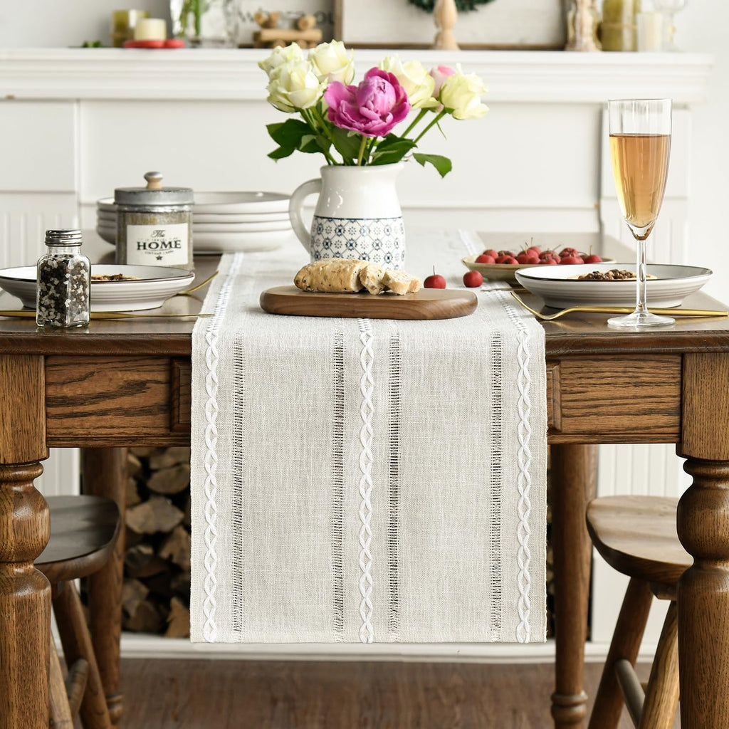 Artoid Mode Beige Rustic Cotton Linen Table Runner, Seasonal Embroidered Hollow Kitchen Dining Table Decoration for Home Party Decor 13x60 Inch