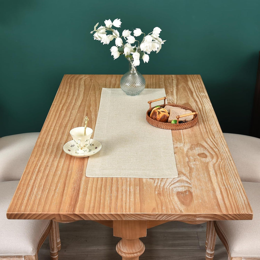 NEWISHER Farmhouse Rustic Table Runner Solid Beige Rectangular Table Runners Faux Linen Table Runner for Everyday Use Kitchen Dining Party Table 13x36 Inch