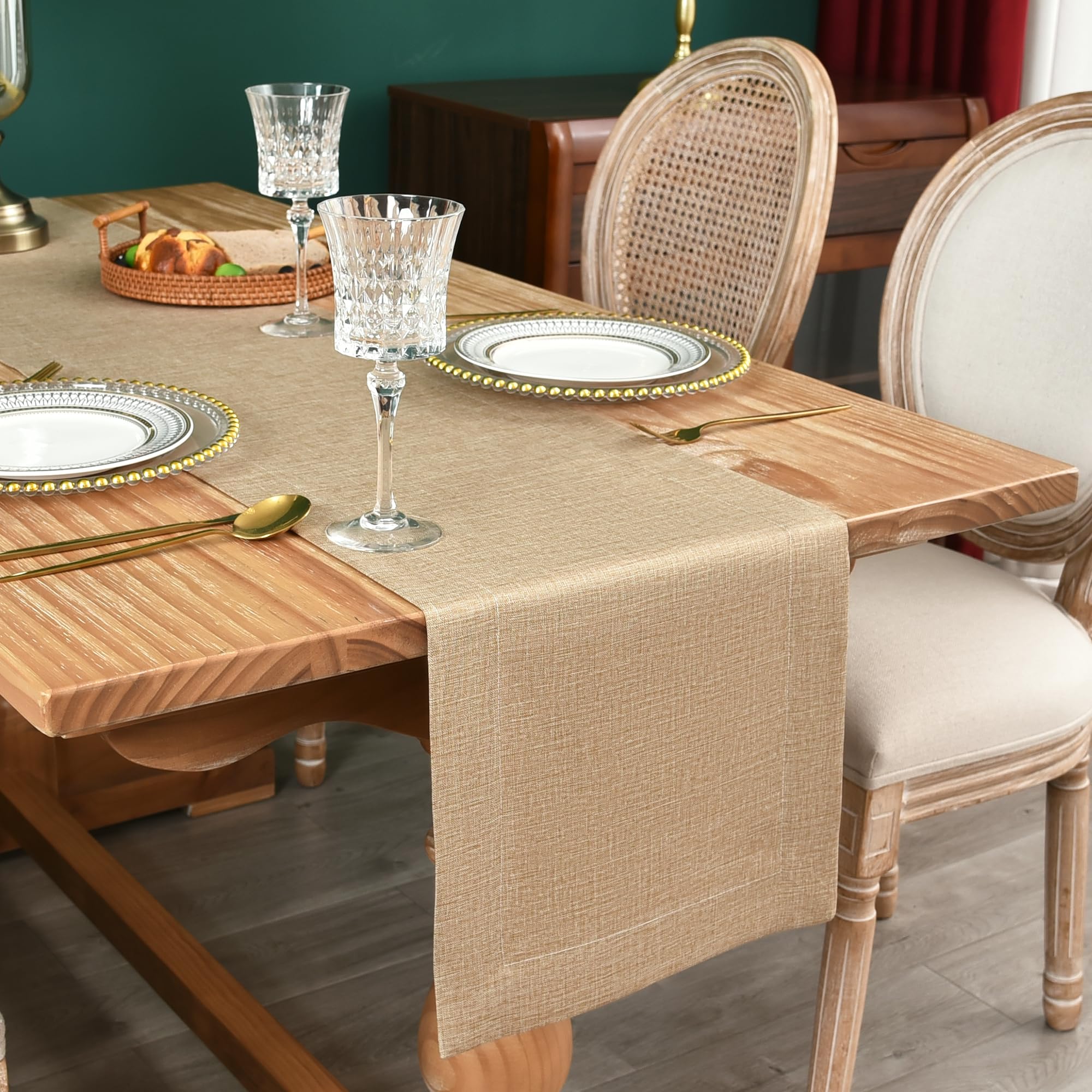 NEWISHER Farmhouse Rustic Table Runner Solid Beige Rectangular Table Runners Faux Linen Table Runner for Everyday Use Kitchen Dining Party Table 13x36 Inch