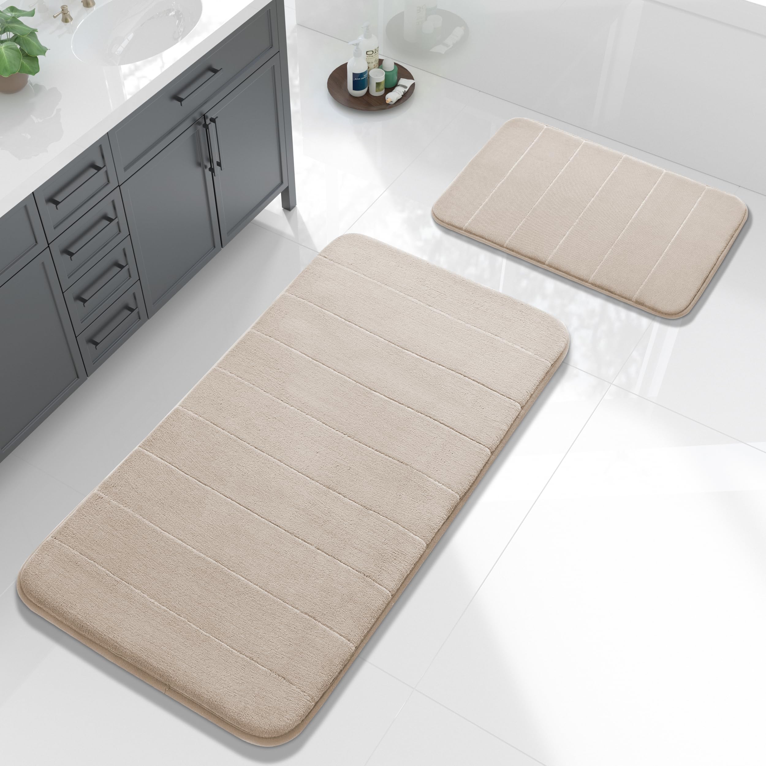 Yimobra U-Shaped Toilet Bath Mat Set 2 Piece - Super Soft Absorbent Quick Dry Memory Foam Bathroom Rugs, Machine Washable Non Slip Floor Carpet for Tub Shower & Single Sink (17x24 & 24x20, Gray)