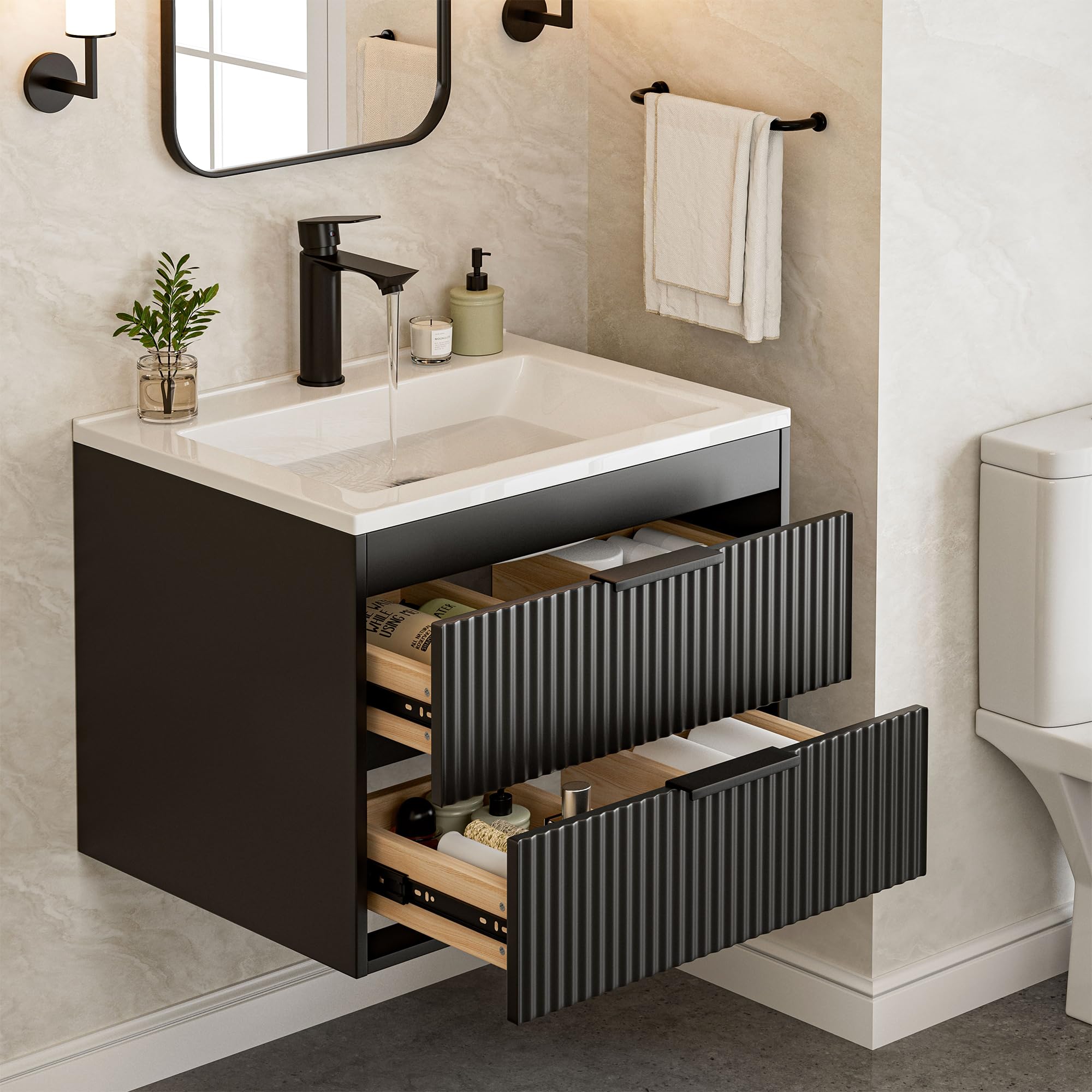 24 Inches Modern MDF Bathroom Vanity with Sink, Wall Mounted Floating Cabinets w/Double Drawers, Black Handles, White Resin Sink Combo Set (White, 24")