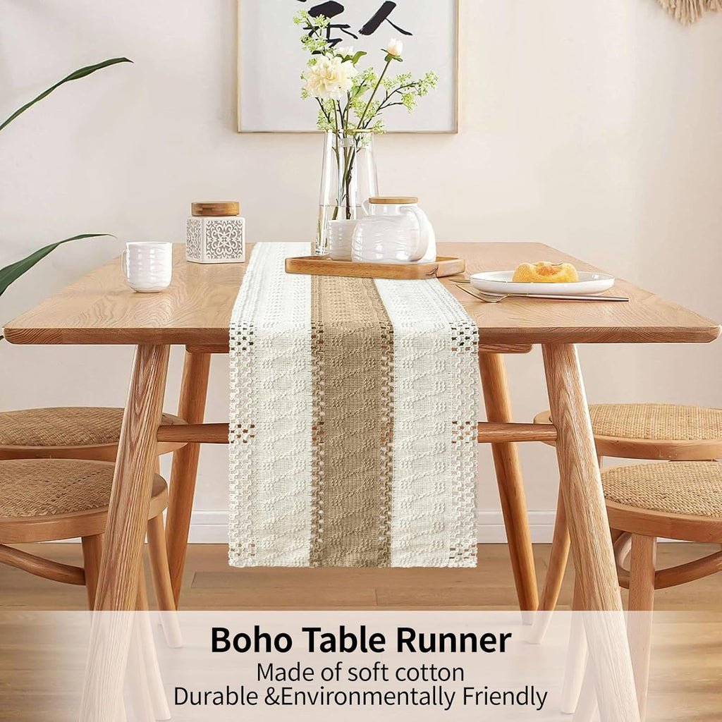 Bloss Boho Table Runner 72 Inches Long Farmhouse Rustic Tables Runner, Cream & Brown Cotton Table Runner, Woven Easter Summer Tables Runners for Kitchen Dining Table Decor,Coffee Table & Living Room