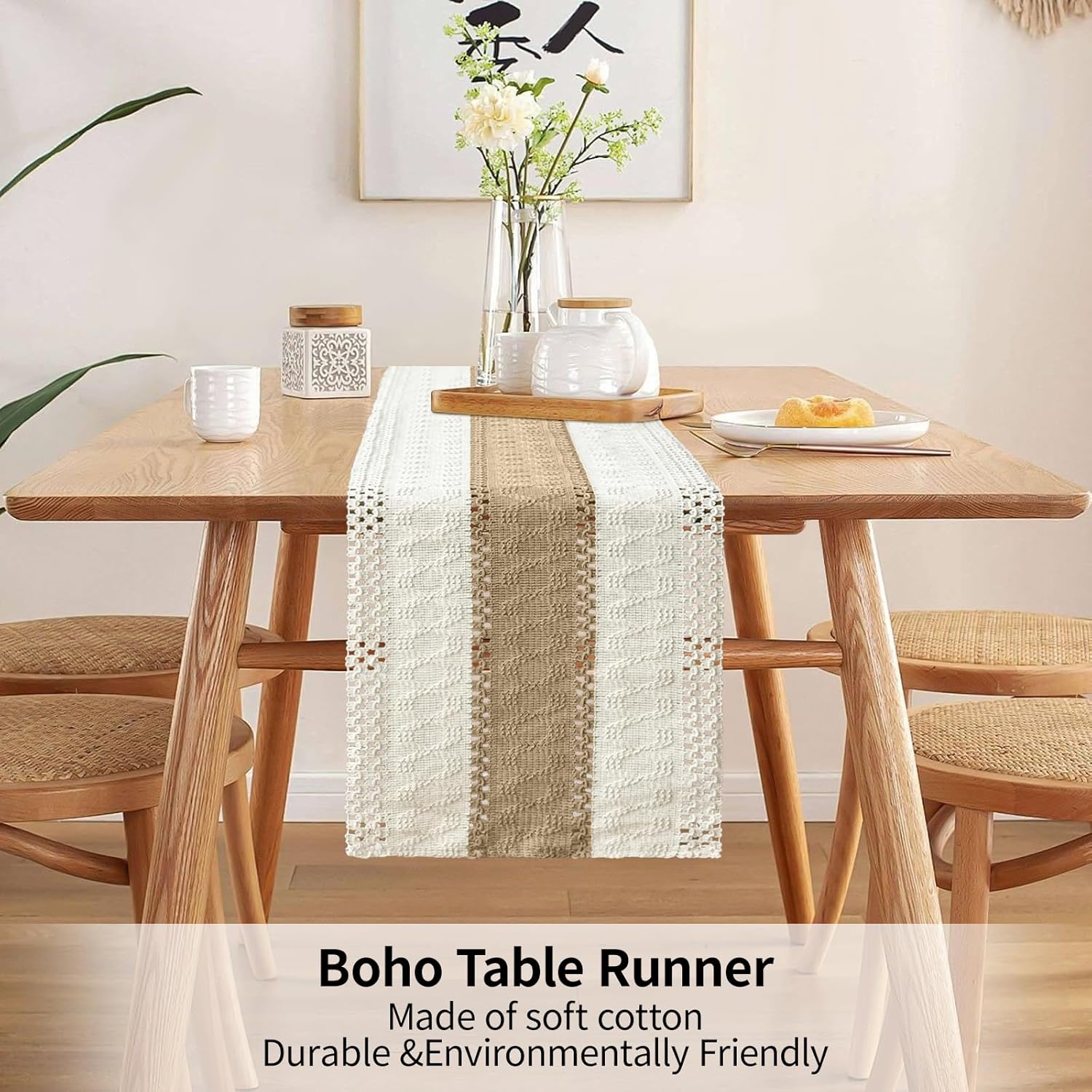 Bloss Boho Table Runner 72 Inches Long Farmhouse Rustic Tables Runner, Cream & Brown Cotton Table Runner, Woven Easter Summer Tables Runners for Kitchen Dining Table Decor,Coffee Table & Living Room