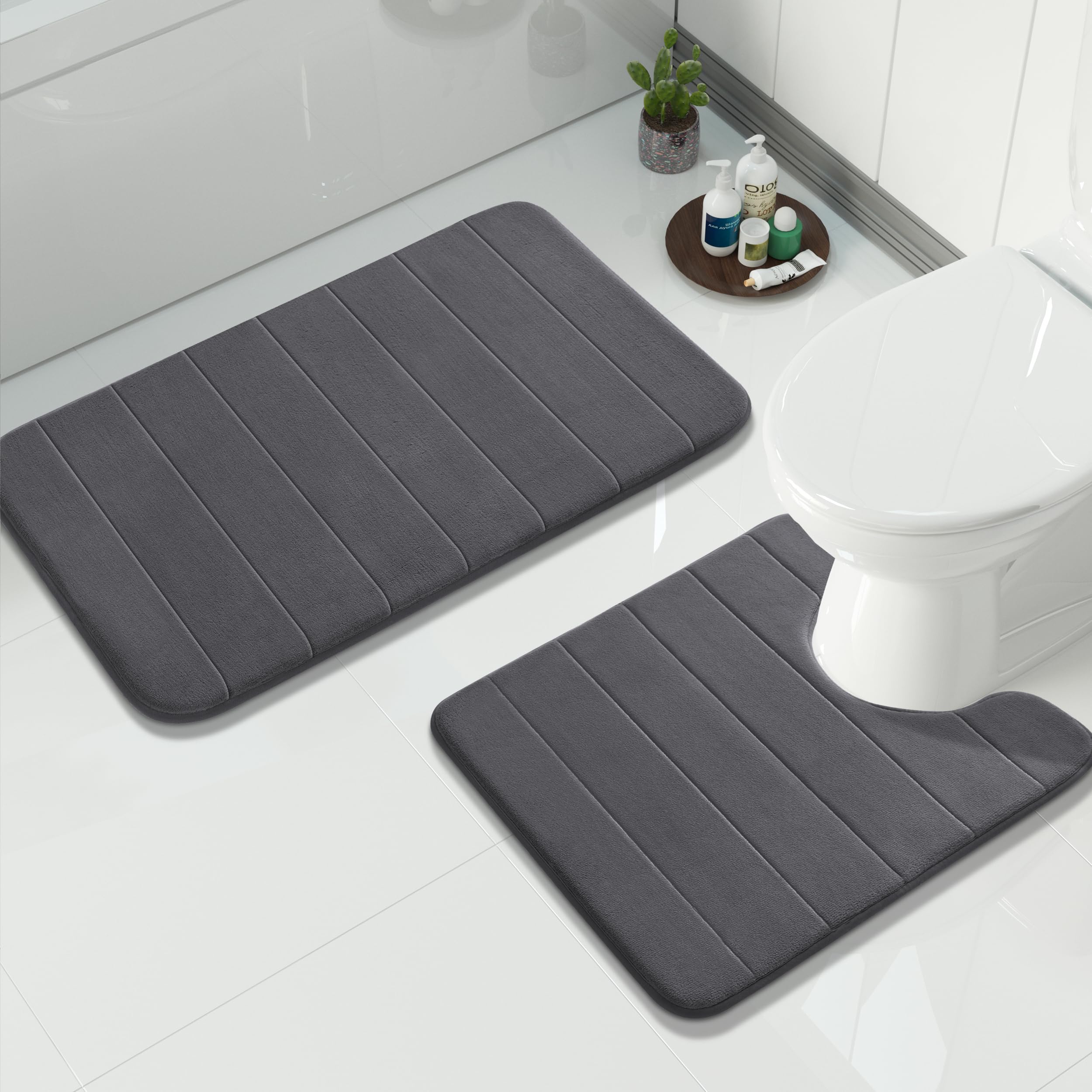 Yimobra U-Shaped Toilet Bath Mat Set 2 Piece - Super Soft Absorbent Quick Dry Memory Foam Bathroom Rugs, Machine Washable Non Slip Floor Carpet for Tub Shower & Single Sink (17x24 & 24x20, Gray)