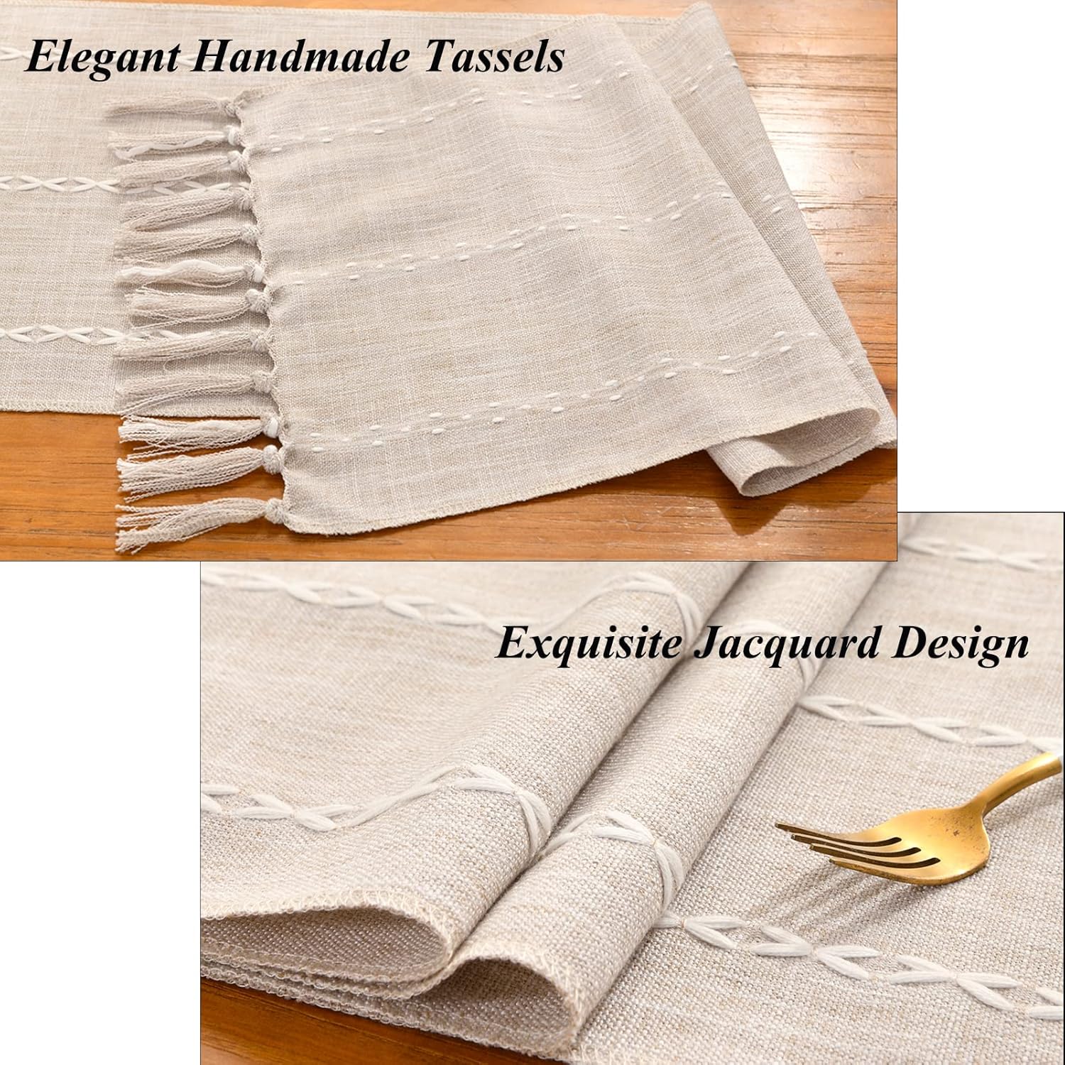 Wracra Rustic Linen Table Runner Farmhouse Style Table Runners 72 inches Long Embroidered Fall Table Runner with Hand-Tassels for Party, Dresser and Dining Room Decorations(Light Coffee, 13"×72")