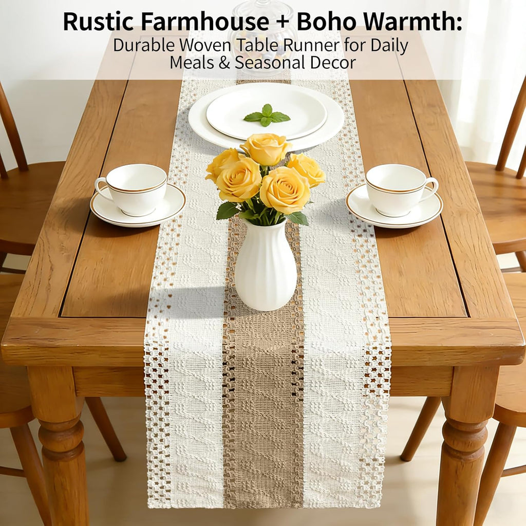 Bloss Boho Table Runner 72 Inches Long Farmhouse Rustic Tables Runner, Cream & Brown Cotton Table Runner, Woven Easter Summer Tables Runners for Kitchen Dining Table Decor,Coffee Table & Living Room
