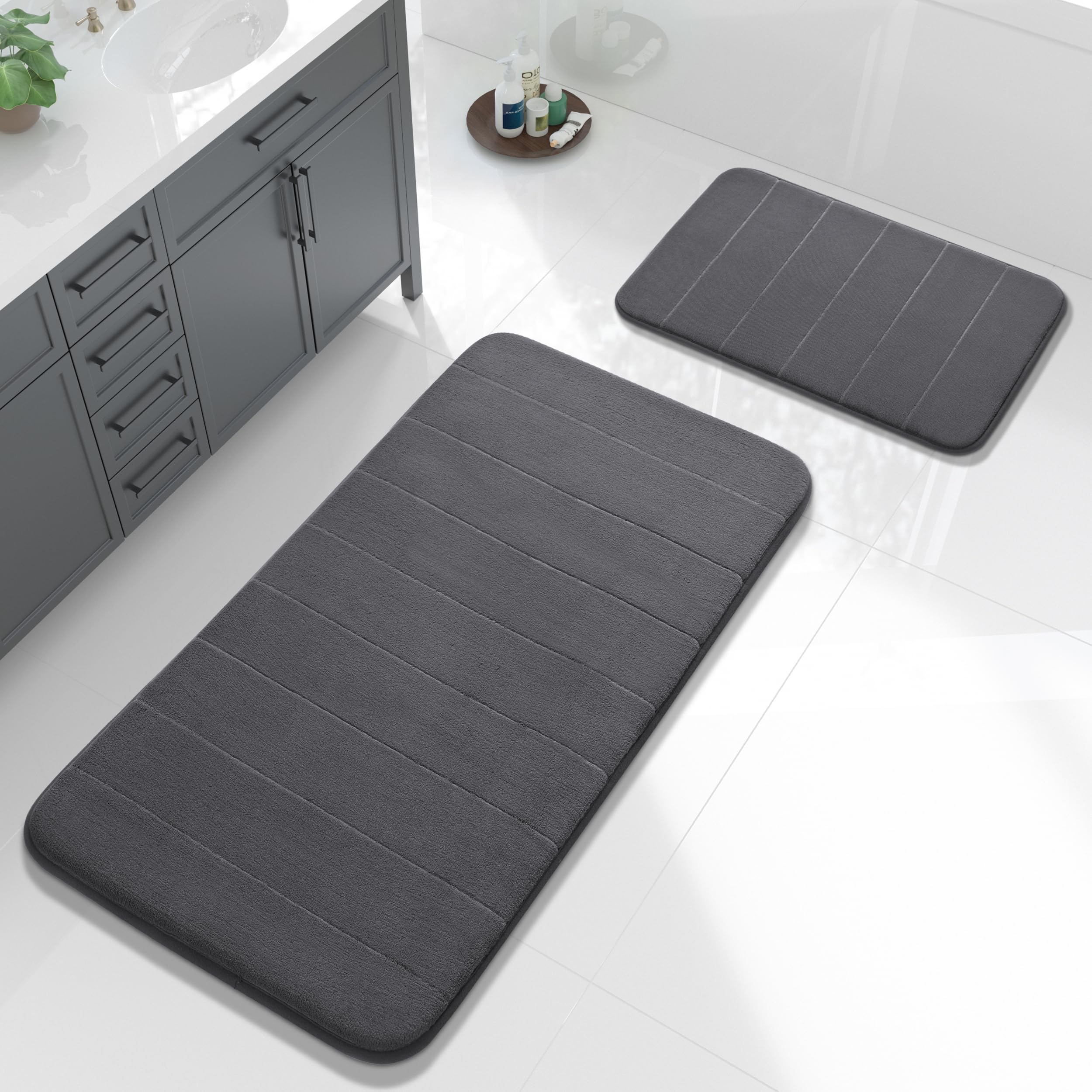 Yimobra U-Shaped Toilet Bath Mat Set 2 Piece - Super Soft Absorbent Quick Dry Memory Foam Bathroom Rugs, Machine Washable Non Slip Floor Carpet for Tub Shower & Single Sink (17x24 & 24x20, Gray)