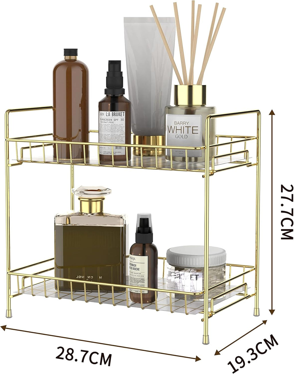 NLBTW 2 Tier Bathroom Organizer Countertop with Transparent Liner, Perfume Organizers Vanity Tray Makeup Shelf and Storage or Kitchen Spice Rack Corner Countertop Shelf Cosmetic Holder -Gold
