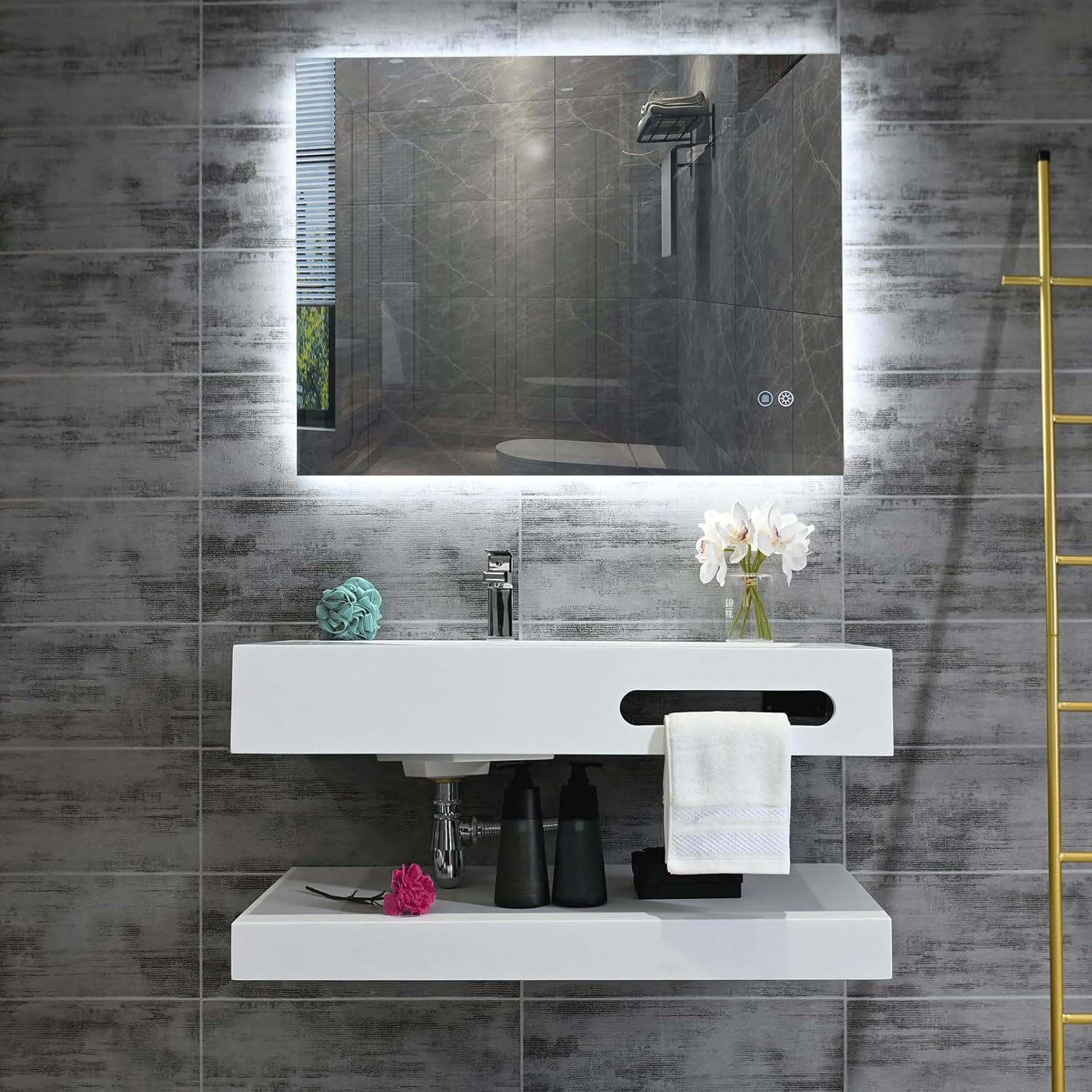 32"x19" Wall Mount Bathroom Vanity with Sink Stone Resin Floating Vanity Sink Rectangular Vessel Sinks for Bathroom White Trough Art Basin with Shelf Layer