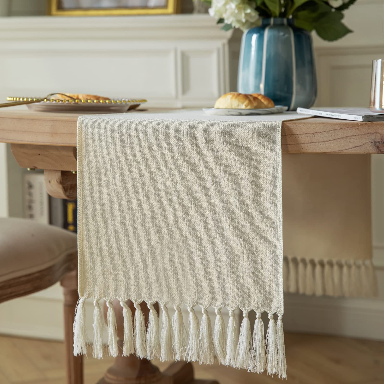ZeeMart Beige Table Runners 72 Inches Long, Burlap Linen Style Rustic Farmhouse Table Runner, Boho Woven Dining Table Runner, 13x72 Inches, Oatmeal Beige